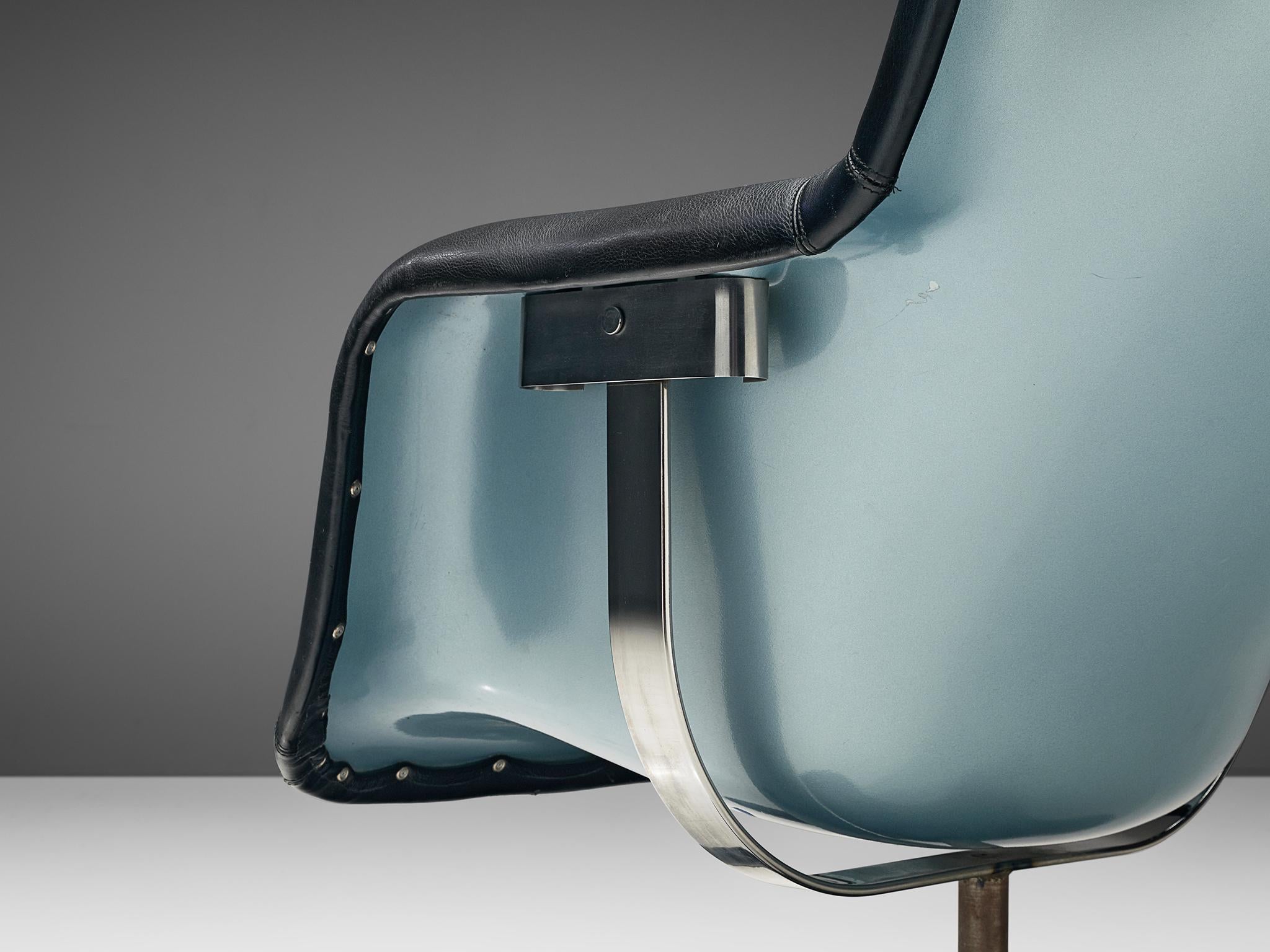 Finnish Yrjö Kukkapuro Lounge Chair 'Karuselli' in Black Leather and Light Blue Metallic