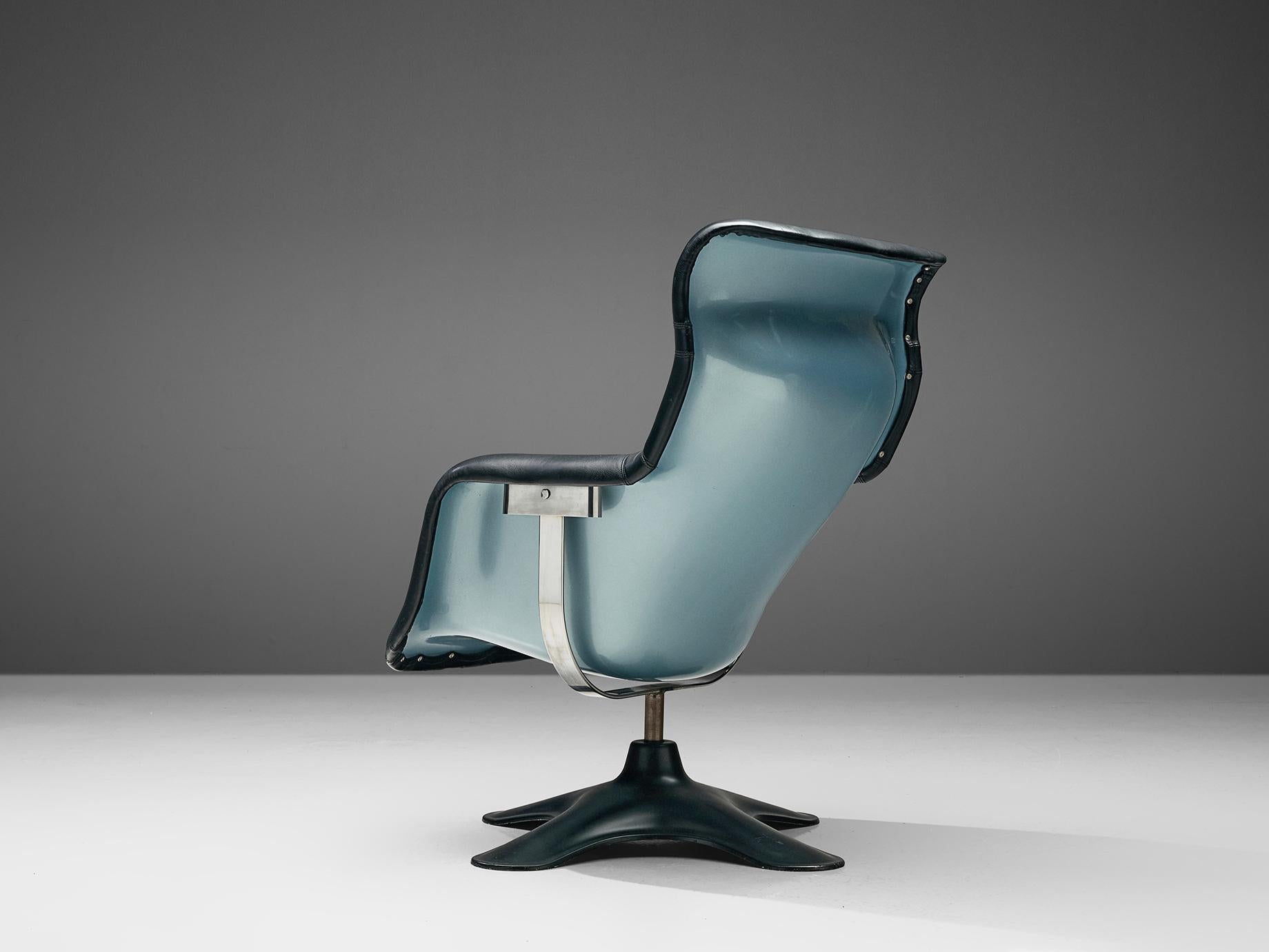 Yrjö Kukkapuro Lounge Chair 'Karuselli' in Black Leather and Light Blue Metallic In Good Condition In Waalwijk, NL