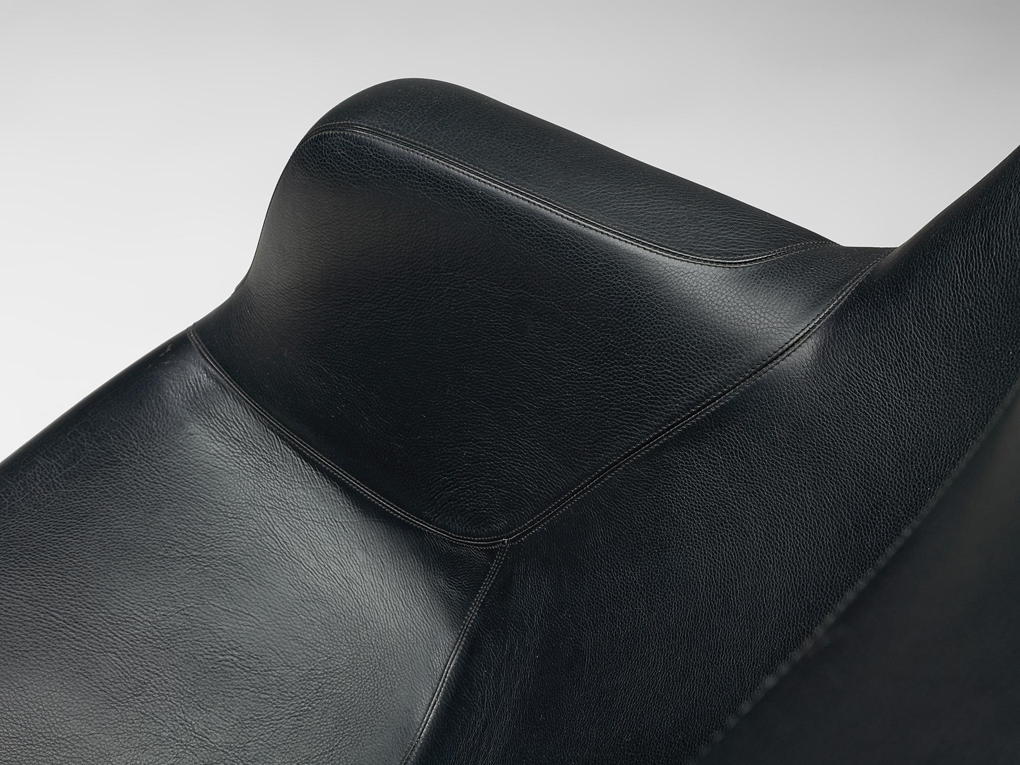 Yrjö Kukkapuro Lounge Chair 'Karuselli' in Black Leather and Light Blue Metallic 2