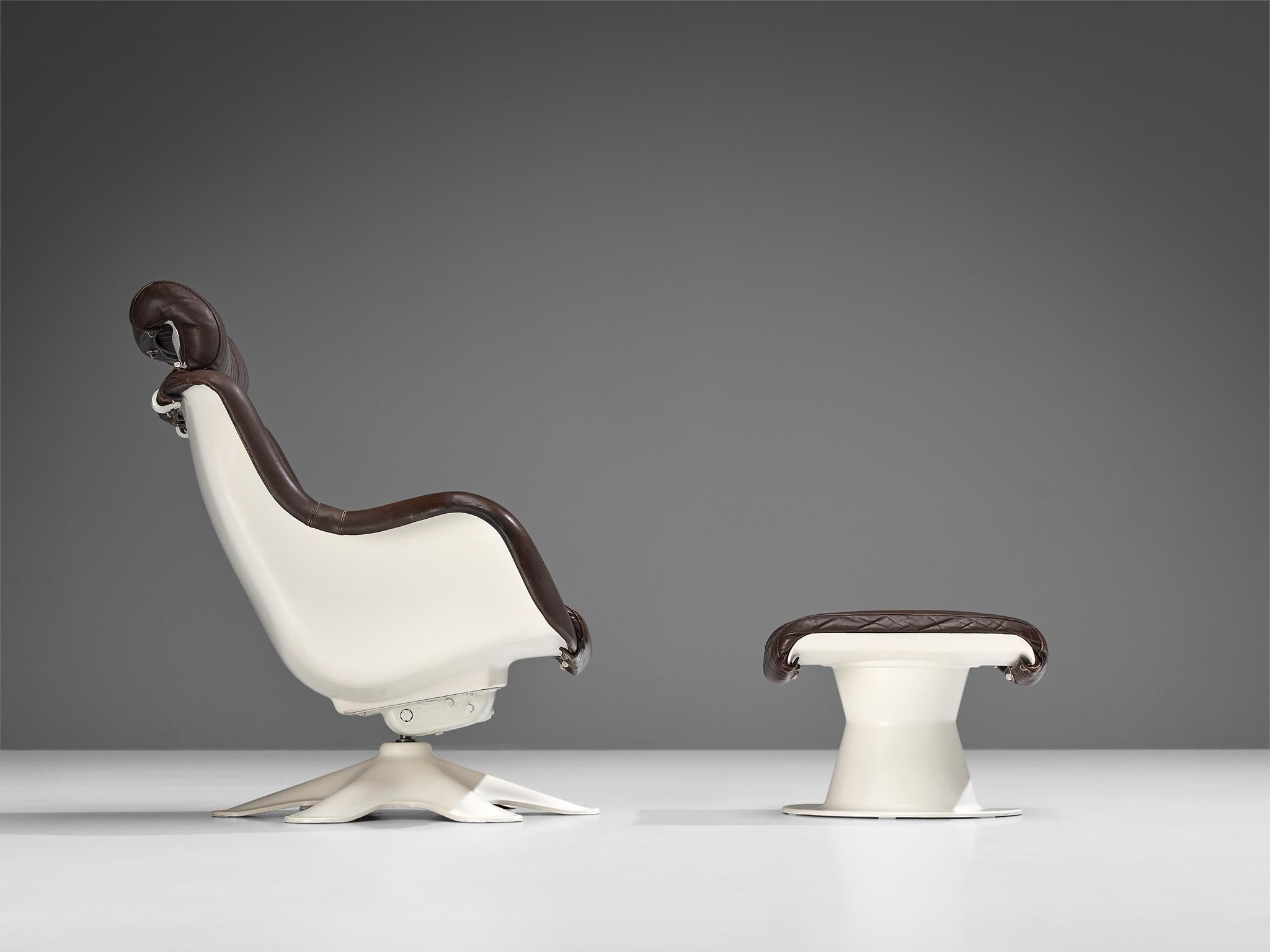 Finnish Yrjö Kukkapuro Lounge Chair with Ottoman in Fiberglass and Black Leather For Sale