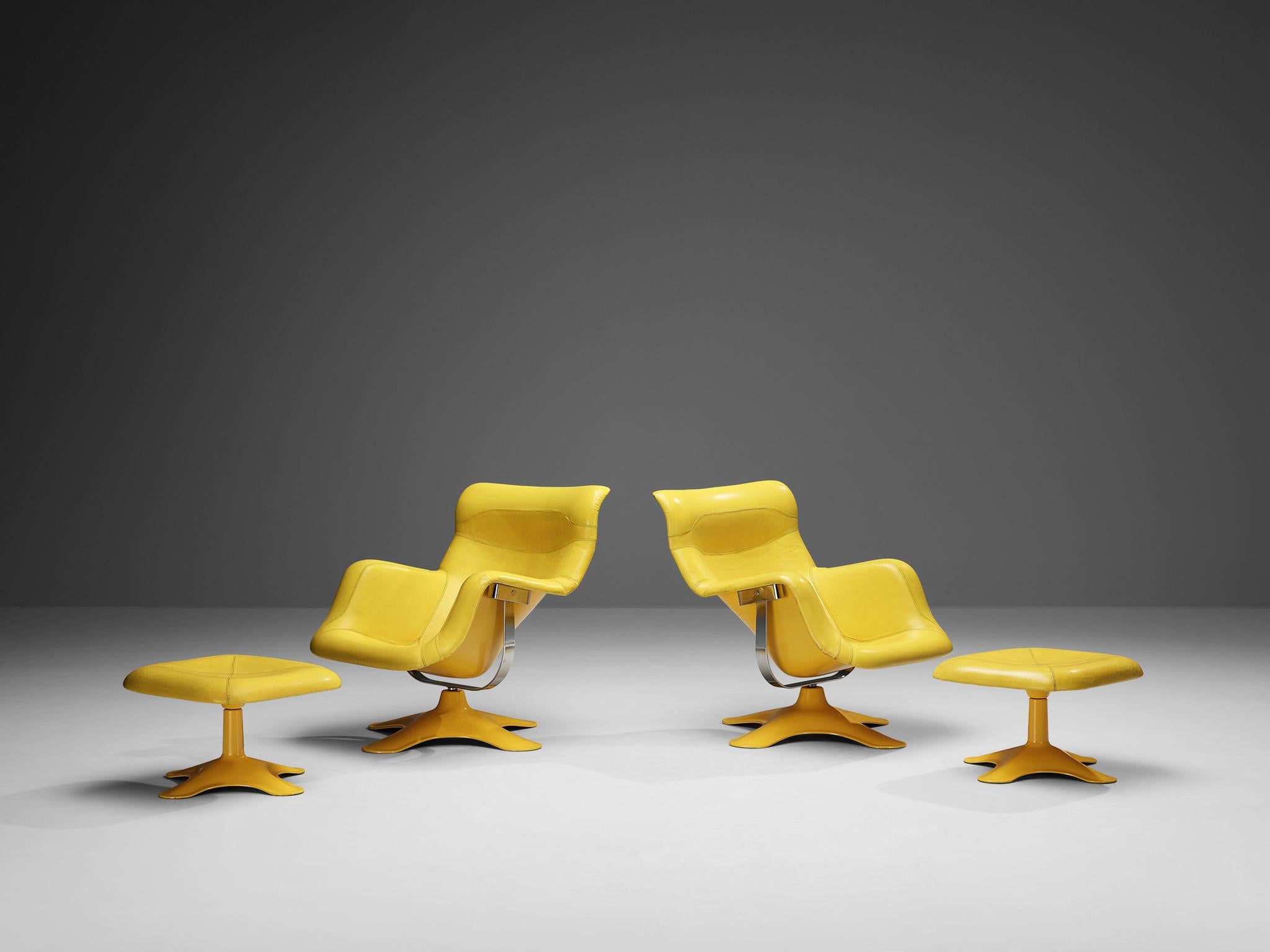 Yrjö Kukkapuro Paar 'Karuselli'-Stühle und -Ottomanen aus gelbem Leder  (Moderne der Mitte des Jahrhunderts)