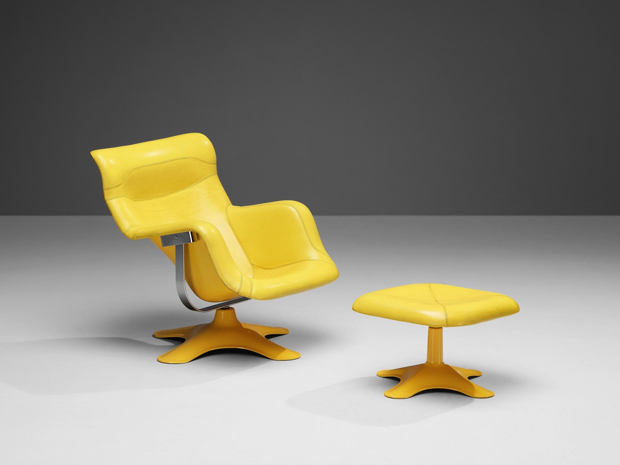Yrjö Kukkapuro Pair of 'Karuselli' Chairs and Ottomans in Yellow Leather  For Sale 2