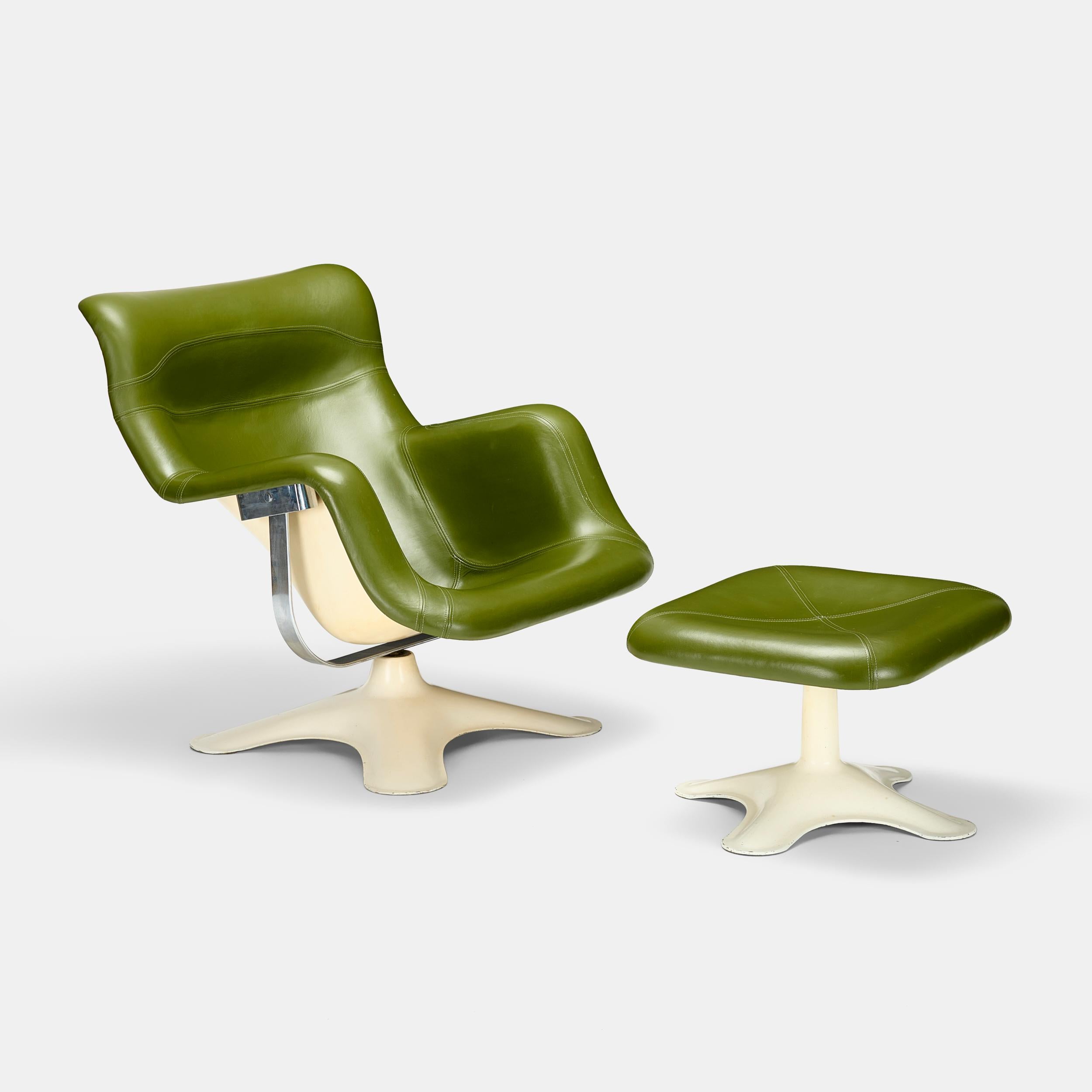 Mid-Century Modern Yrjö Kukkapuro rare model Karuselli lounge chair with ottoman in green leather f