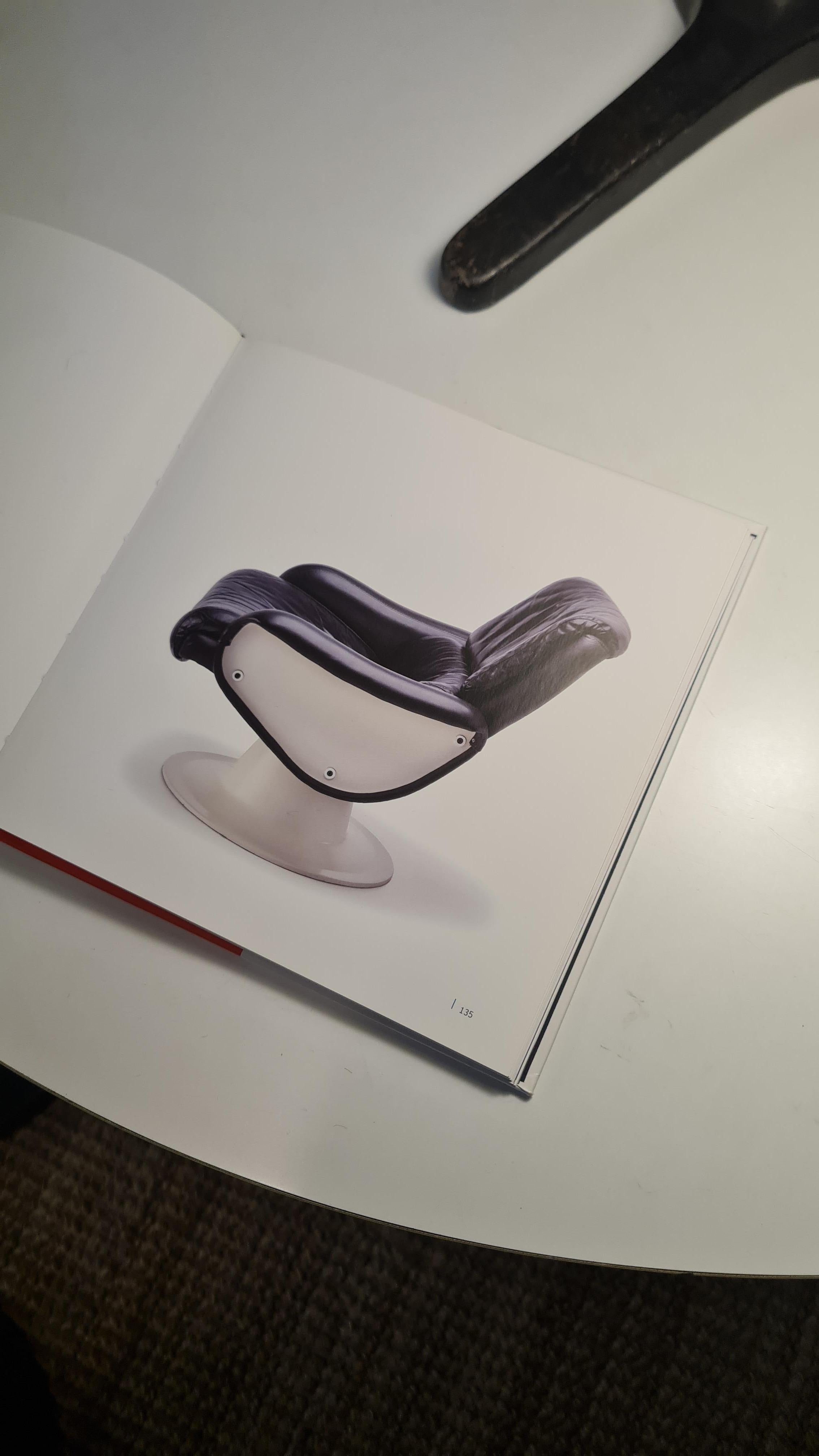Yrjö Kukkapuro Saturnus Chair & Stool in White & Black Leather, Haimi 1970s For Sale 12