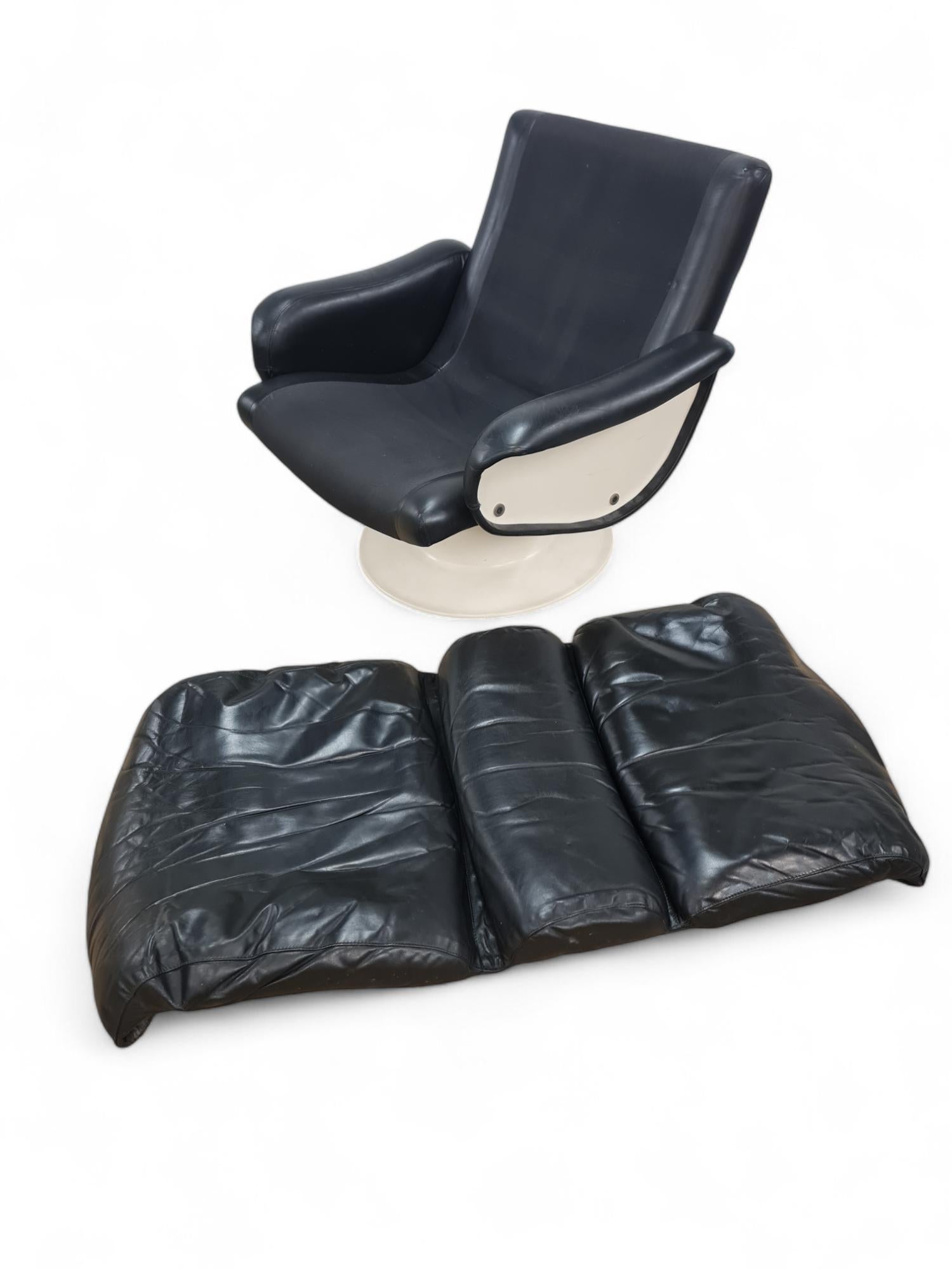 Yrjö Kukkapuro Saturnus Chair & Stool in White & Black Leather, Haimi 1970s For Sale 13