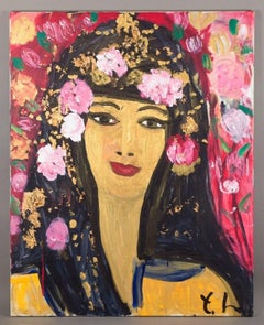 Yrsa Isabel Lind, Danish artist. Acrylic on canvas. Young woman with flowers.