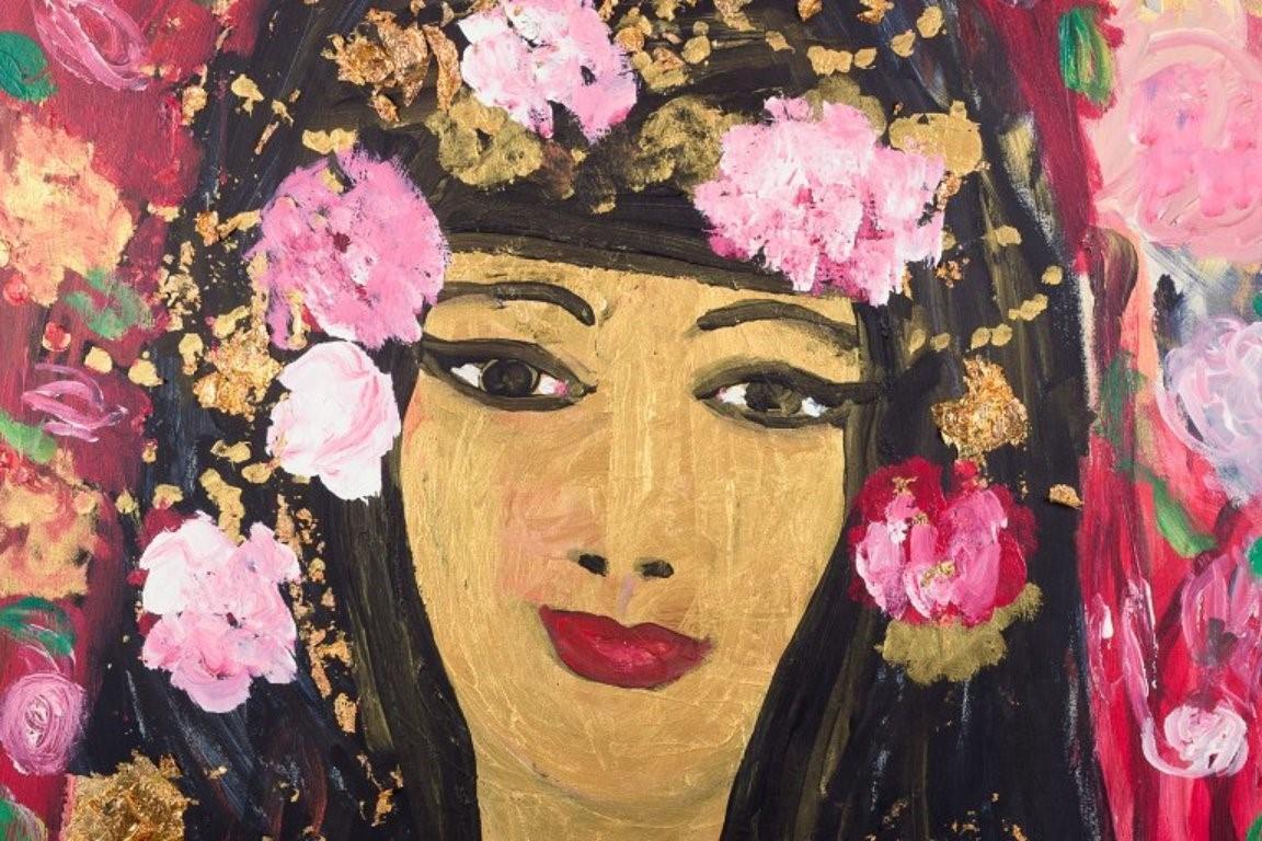 Yrsa Isabel Lind, Danish artist. Acrylic on canvas. Young woman with flowers. In Excellent Condition For Sale In Copenhagen, DK