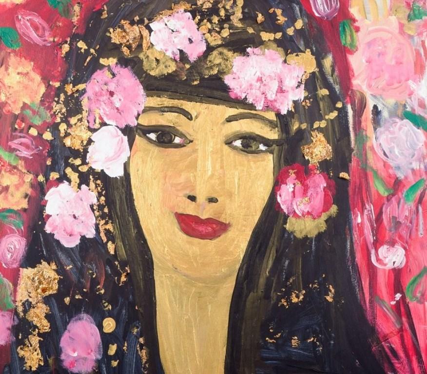 20th Century Yrsa Isabel Lind, Danish artist. Acrylic on canvas. Young woman with flowers. For Sale
