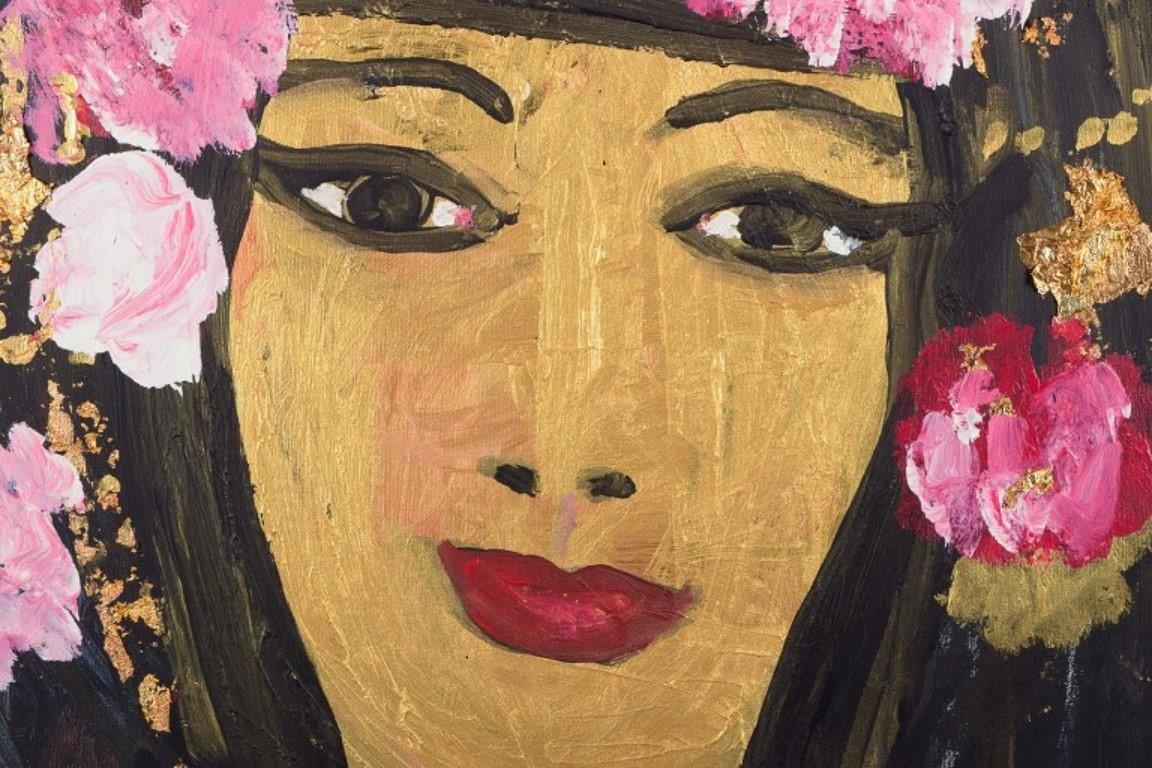 Canvas Yrsa Isabel Lind, Danish artist. Acrylic on canvas. Young woman with flowers. For Sale