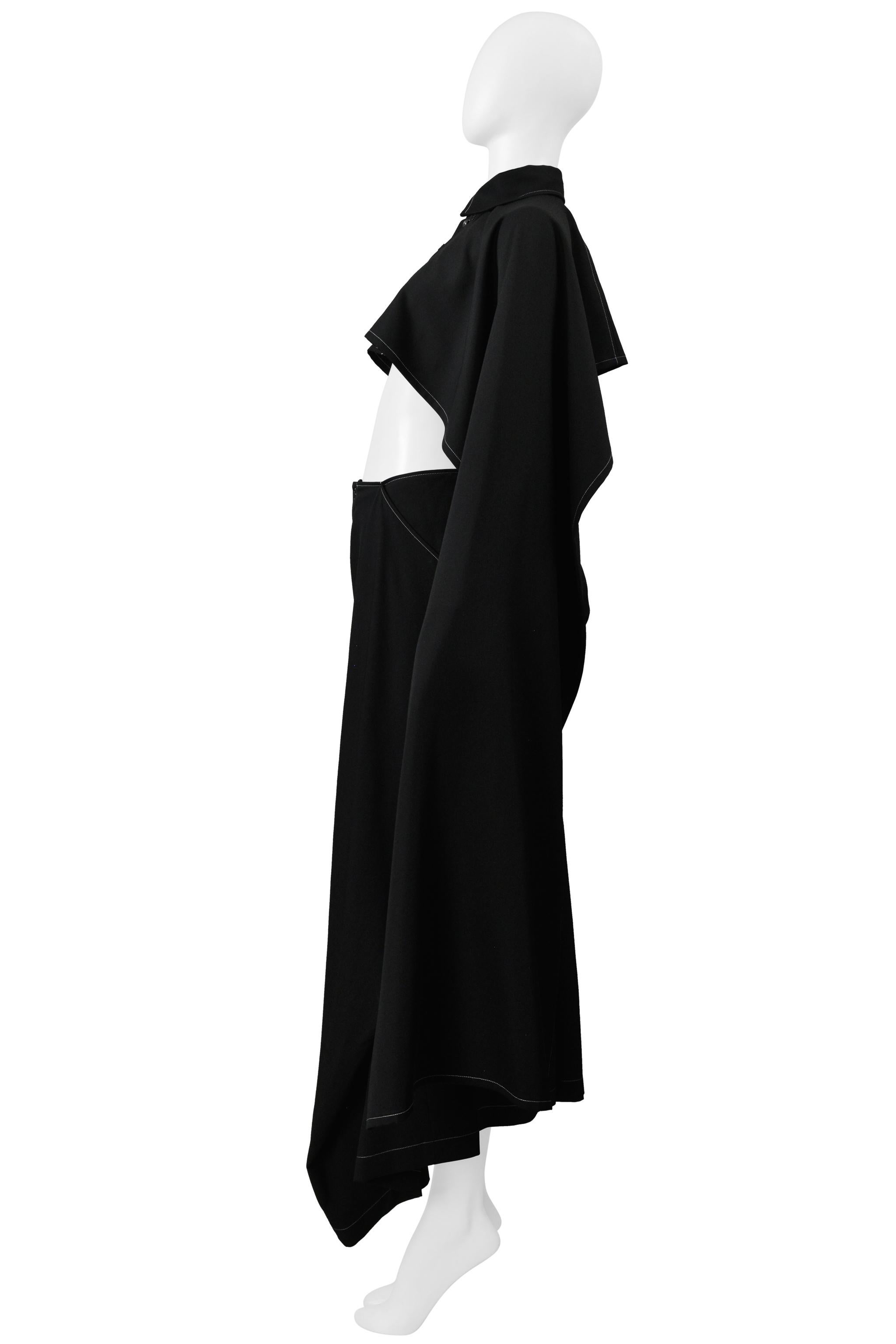 Y's By Yohji Yamamoto Black Cape Top And Pants Ensemble With White Stitching In Excellent Condition For Sale In Los Angeles, CA