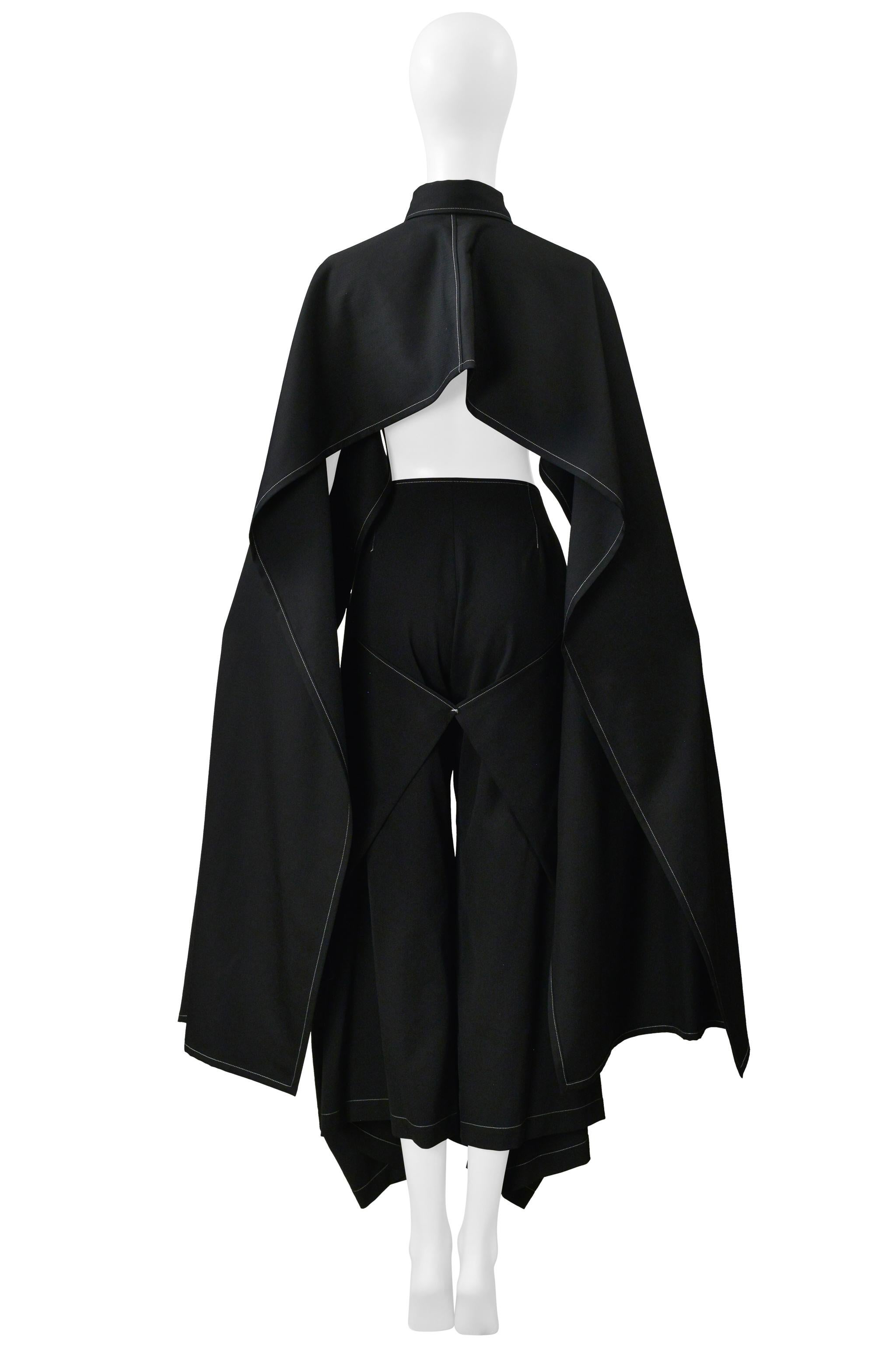 Women's Y's By Yohji Yamamoto Black Cape Top And Pants Ensemble With White Stitching For Sale