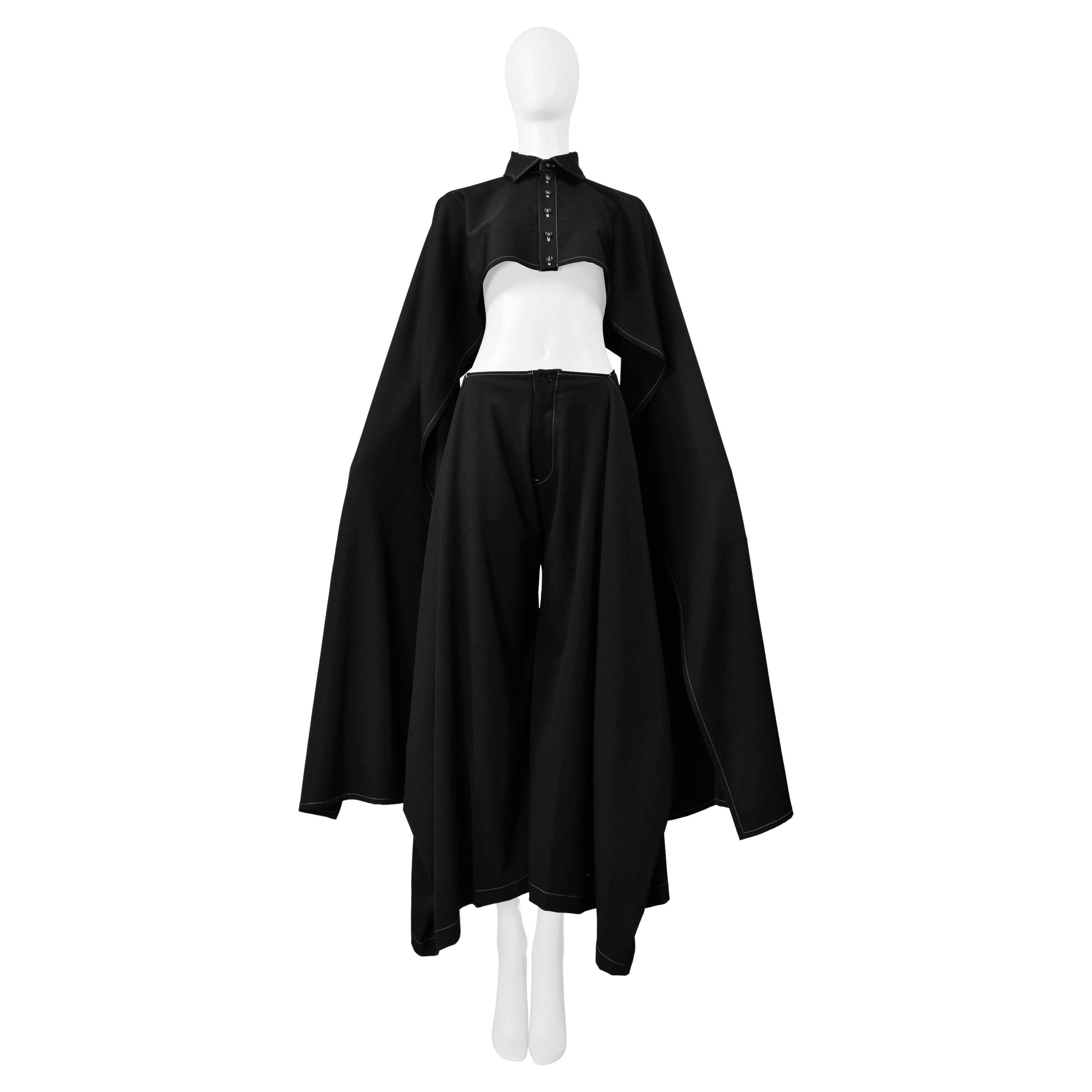 Y's By Yohji Yamamoto Black Cape Top And Pants Ensemble With White Stitching For Sale