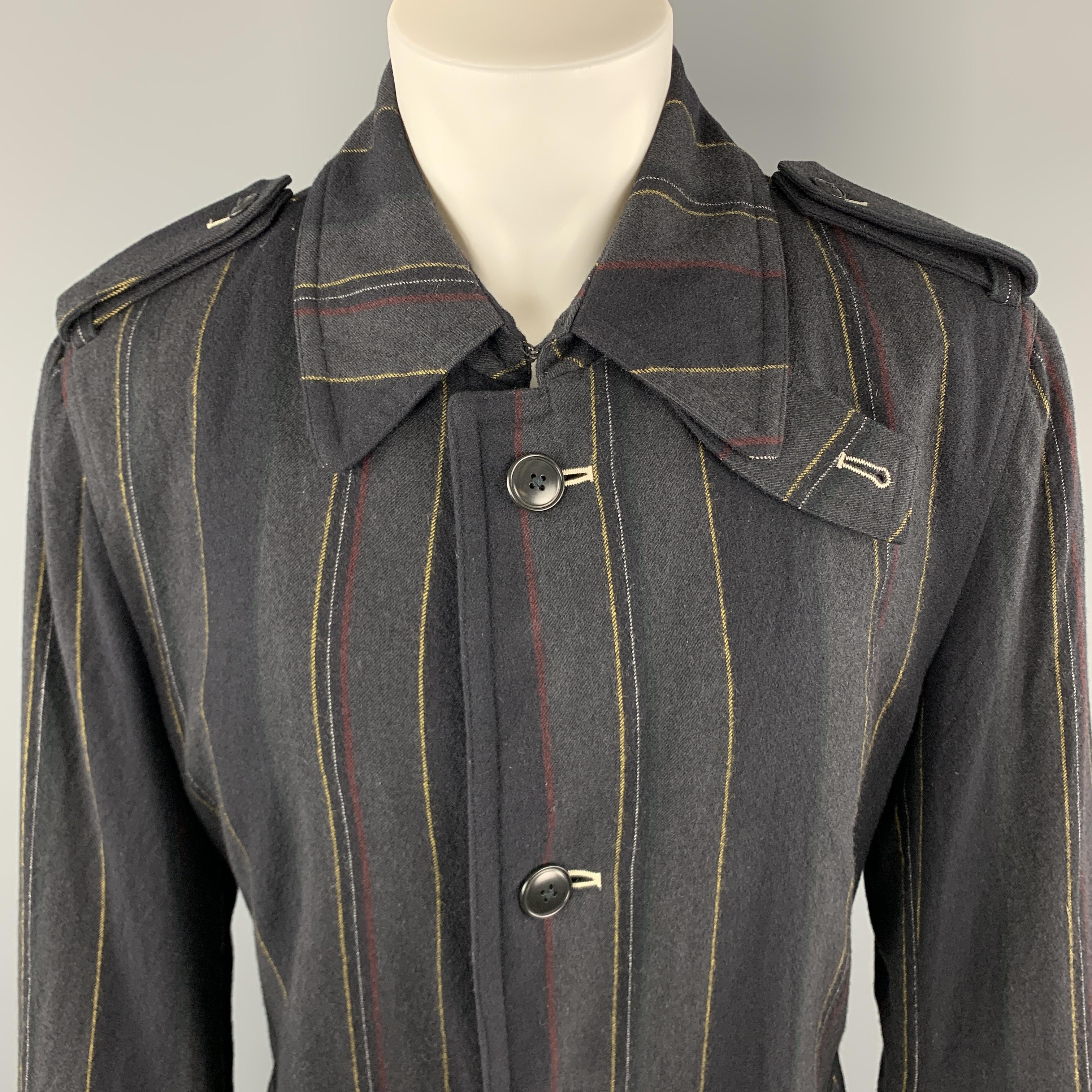 Black Y's by YOHJI YAMAMOTO Size M Charcoal & Navy Striped Wool Trench Coat