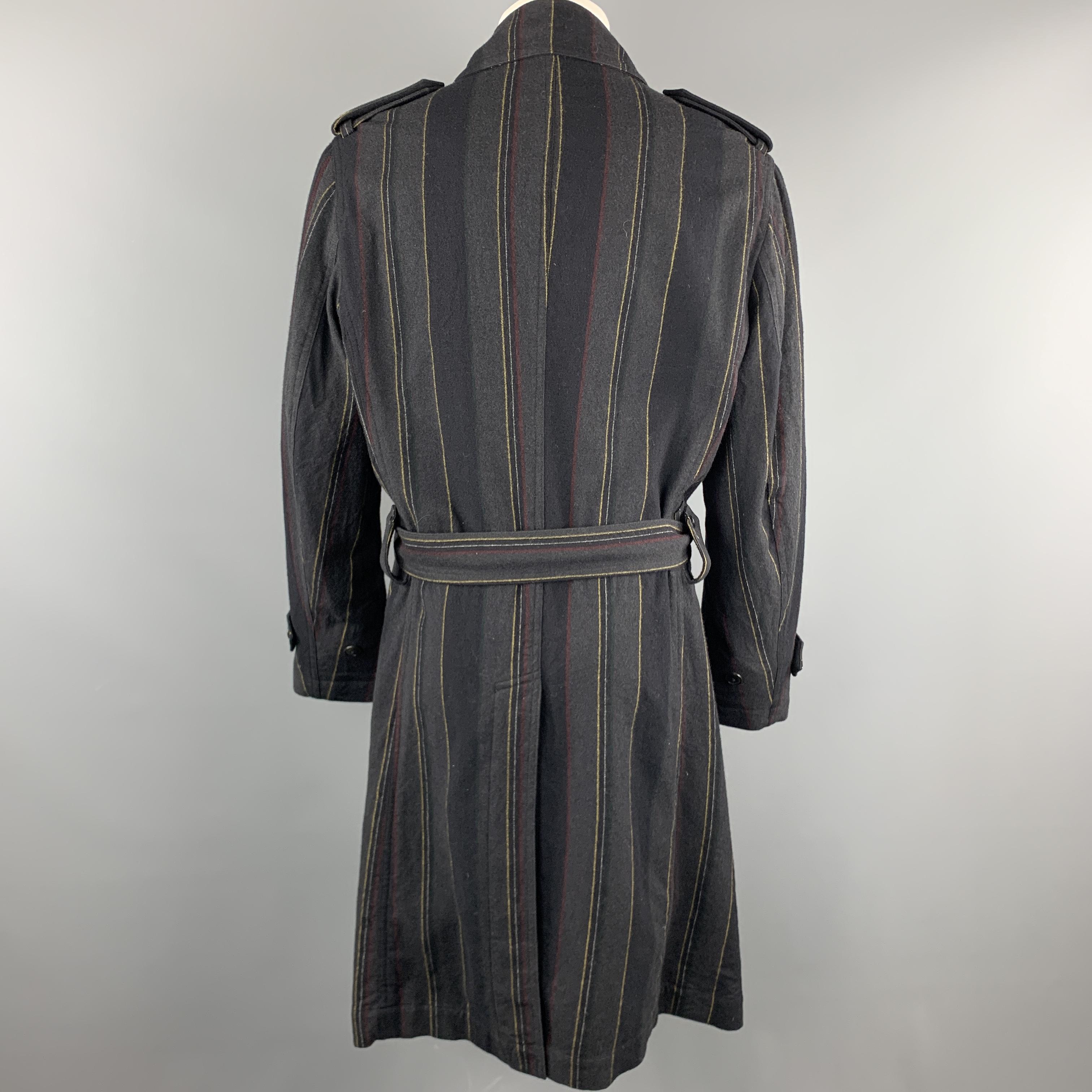 Y's by YOHJI YAMAMOTO Size M Charcoal & Navy Striped Wool Trench Coat 1