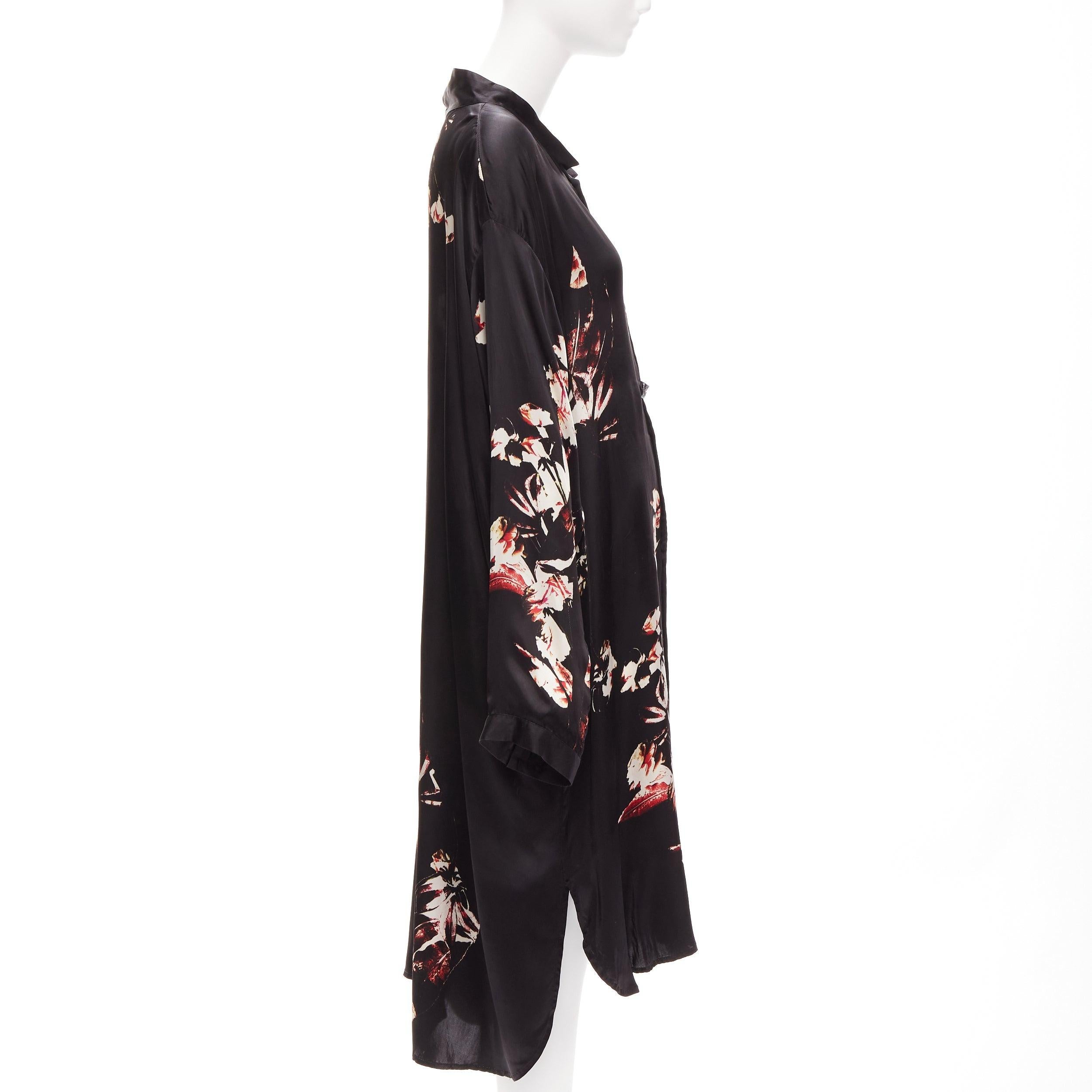 Black Y'S YOHJI YAMAMOTO black silky floral print chinese buttons robe dress JP2 M