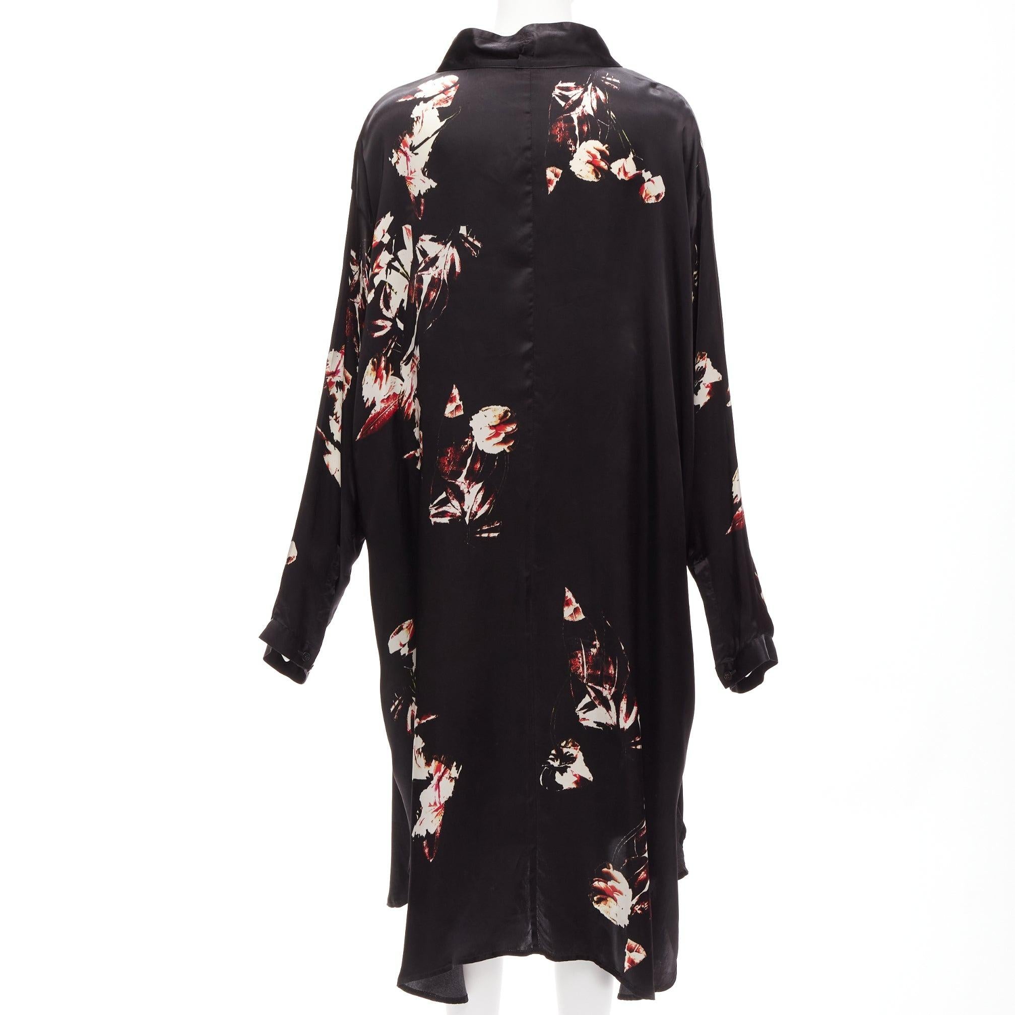 Y'S YOHJI YAMAMOTO black silky floral print chinese buttons robe dress JP2 M In Good Condition In Hong Kong, NT