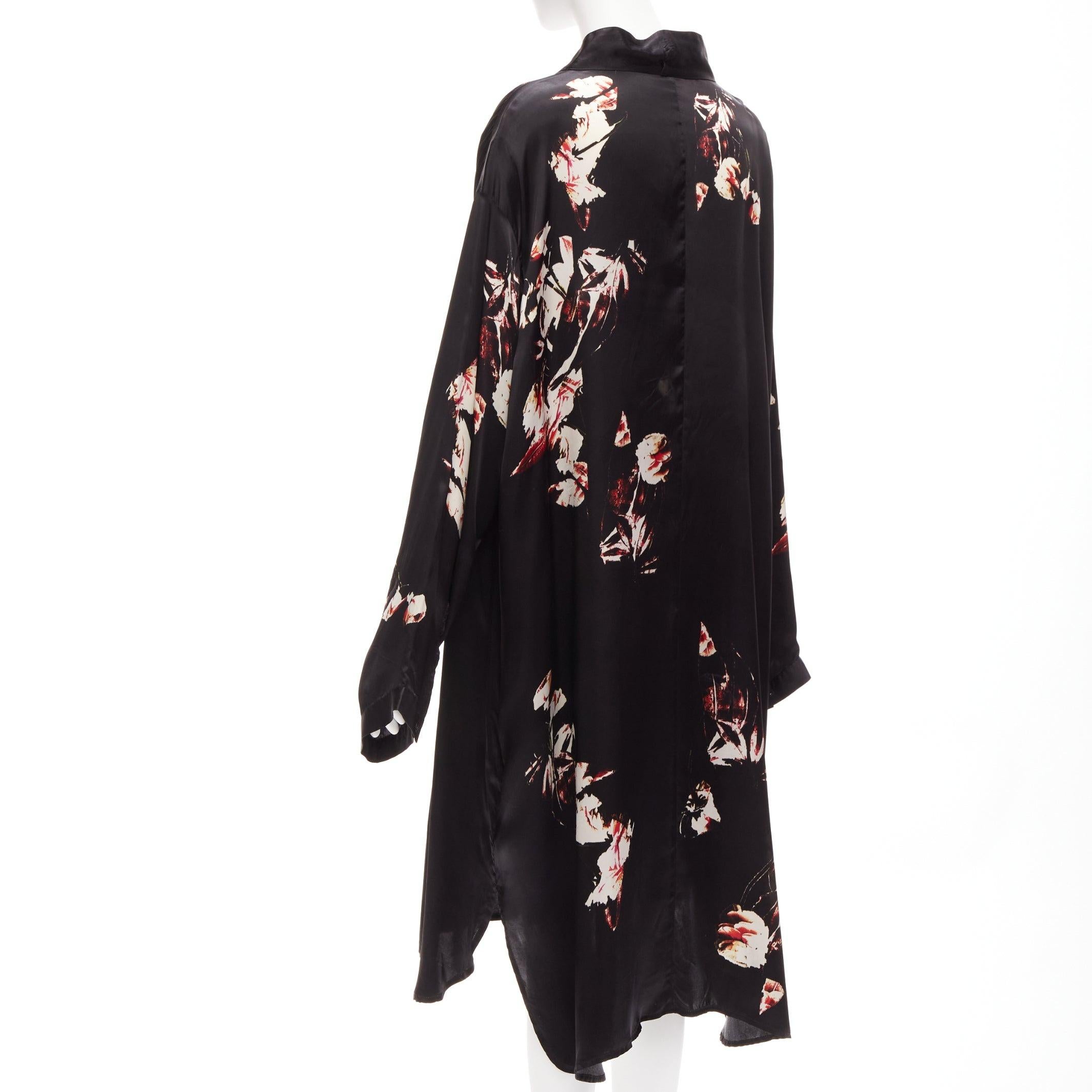 Women's Y'S YOHJI YAMAMOTO black silky floral print chinese buttons robe dress JP2 M