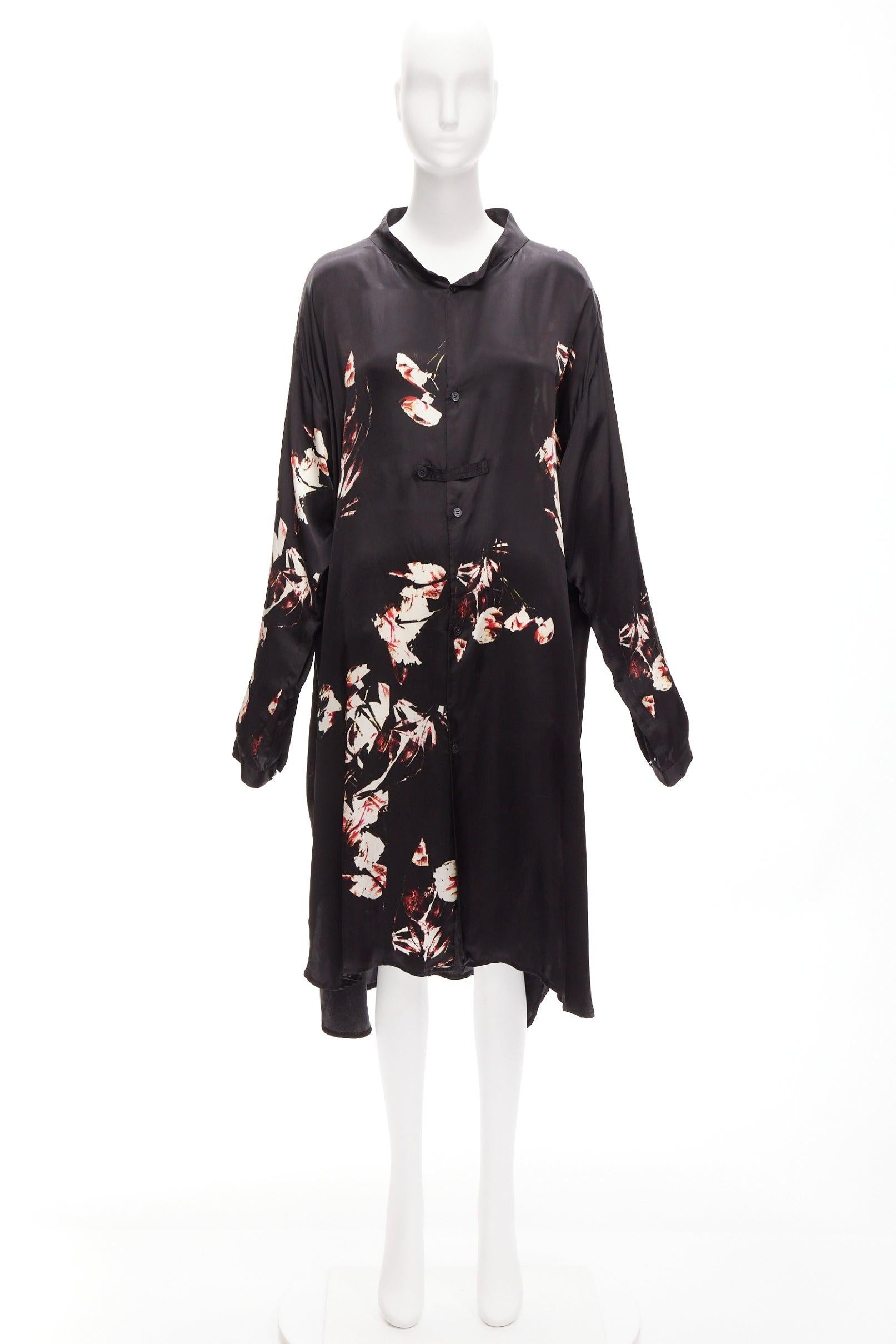 Y'S YOHJI YAMAMOTO black silky floral print chinese buttons robe dress JP2 M 4