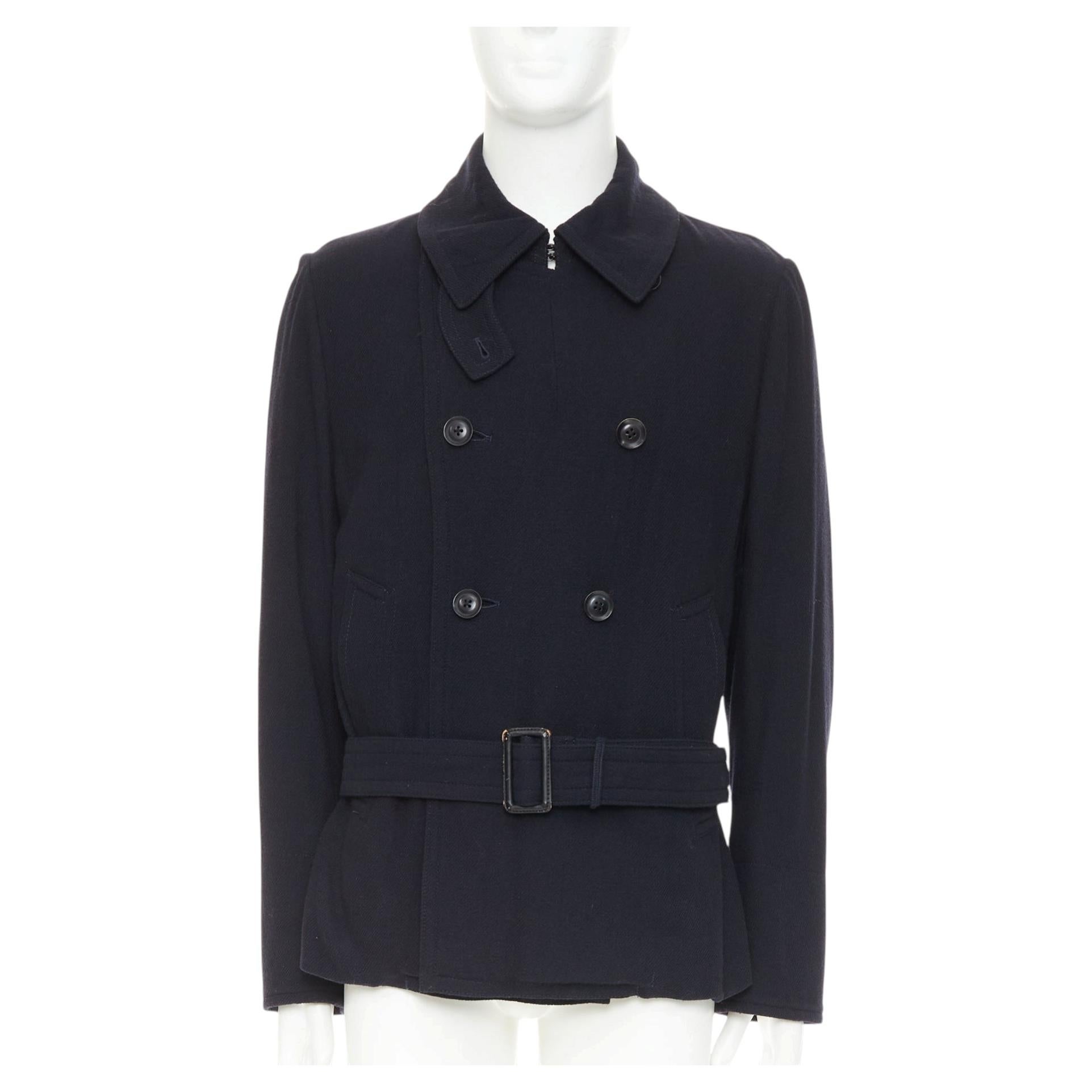 Y'S YOHJI YAMAMOTO black wool double breasted belted short peacoat jacket JP3 L