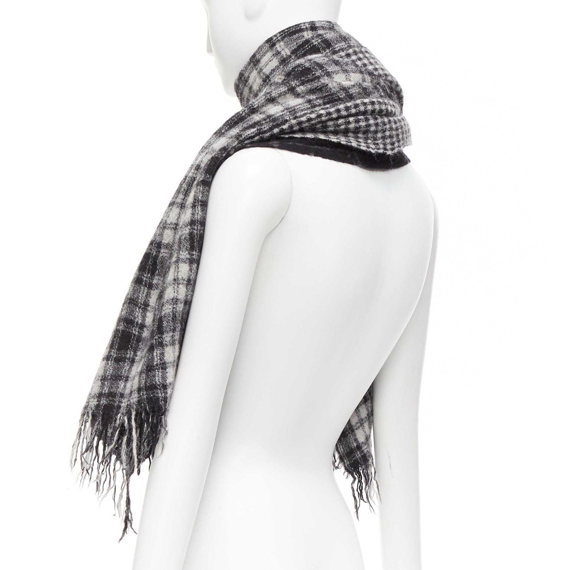 Y'S YOHJI YAMAMOTO grey 100% wool checkered black Y safety pin fringe scarf For Sale 1