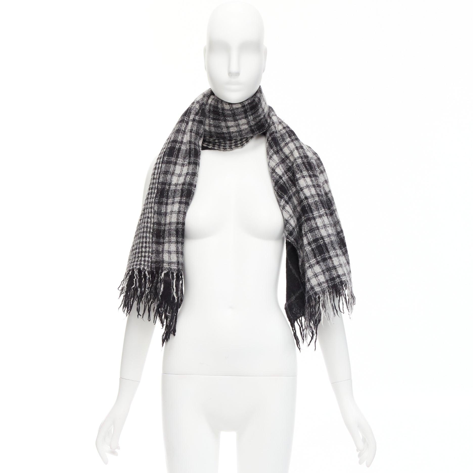 Y'S YOHJI YAMAMOTO grey 100% wool checkered black Y safety pin fringe scarf For Sale 4