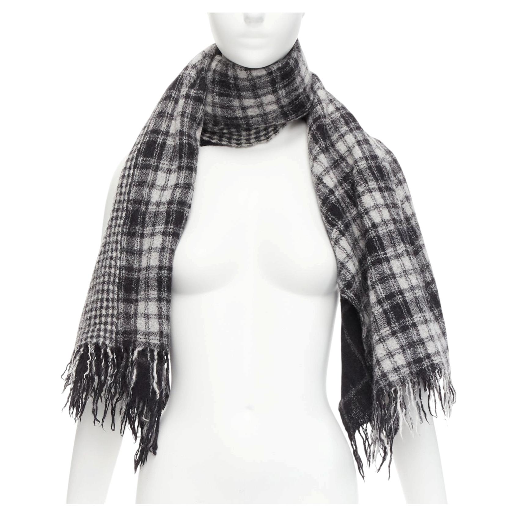 Y'S YOHJI YAMAMOTO grey 100% wool checkered black Y safety pin fringe scarf For Sale