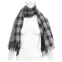 Y'S YOHJI YAMAMOTO grey 100% wool checkered black Y safety pin fringe scarf