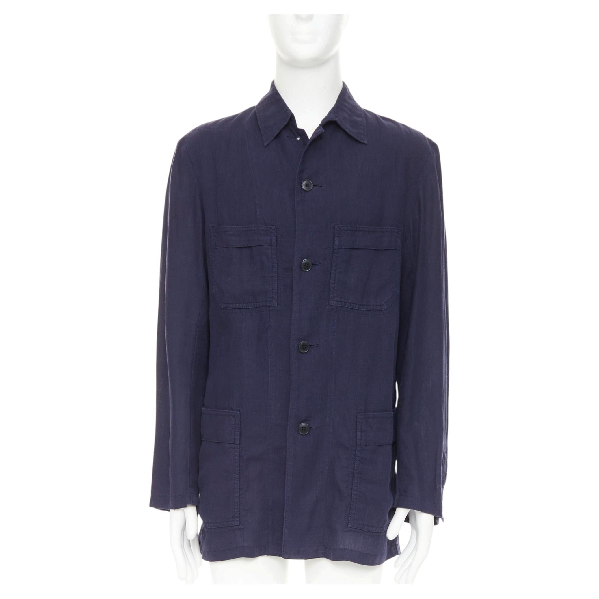 Y'S YOHJI YAMAMOTO navy linen 4-pocket safari long-line work shirt jacket JP3 L