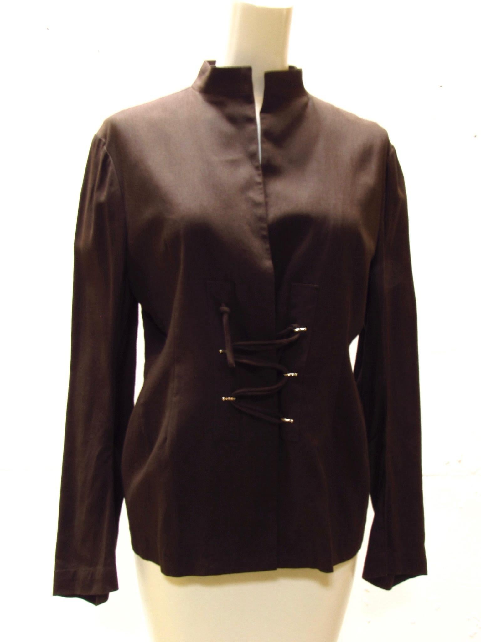 This fitted brown cotton jacket from Yohji Yamamoto Y's  straps you in with a front lacing system including silver hooks. 