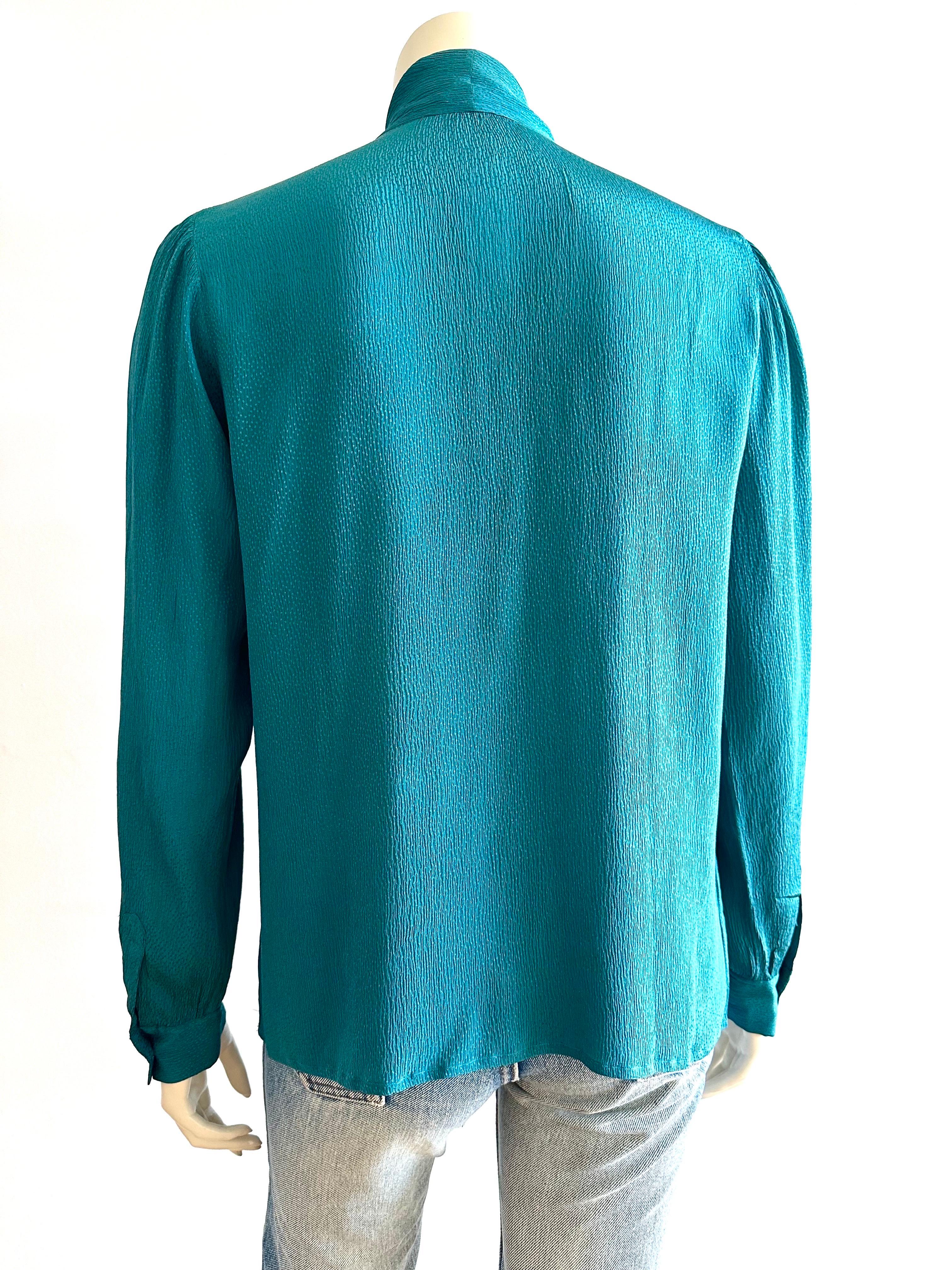Blue YSL 1970 Yves saint Laurent blue silk lavallière collar blouse For Sale