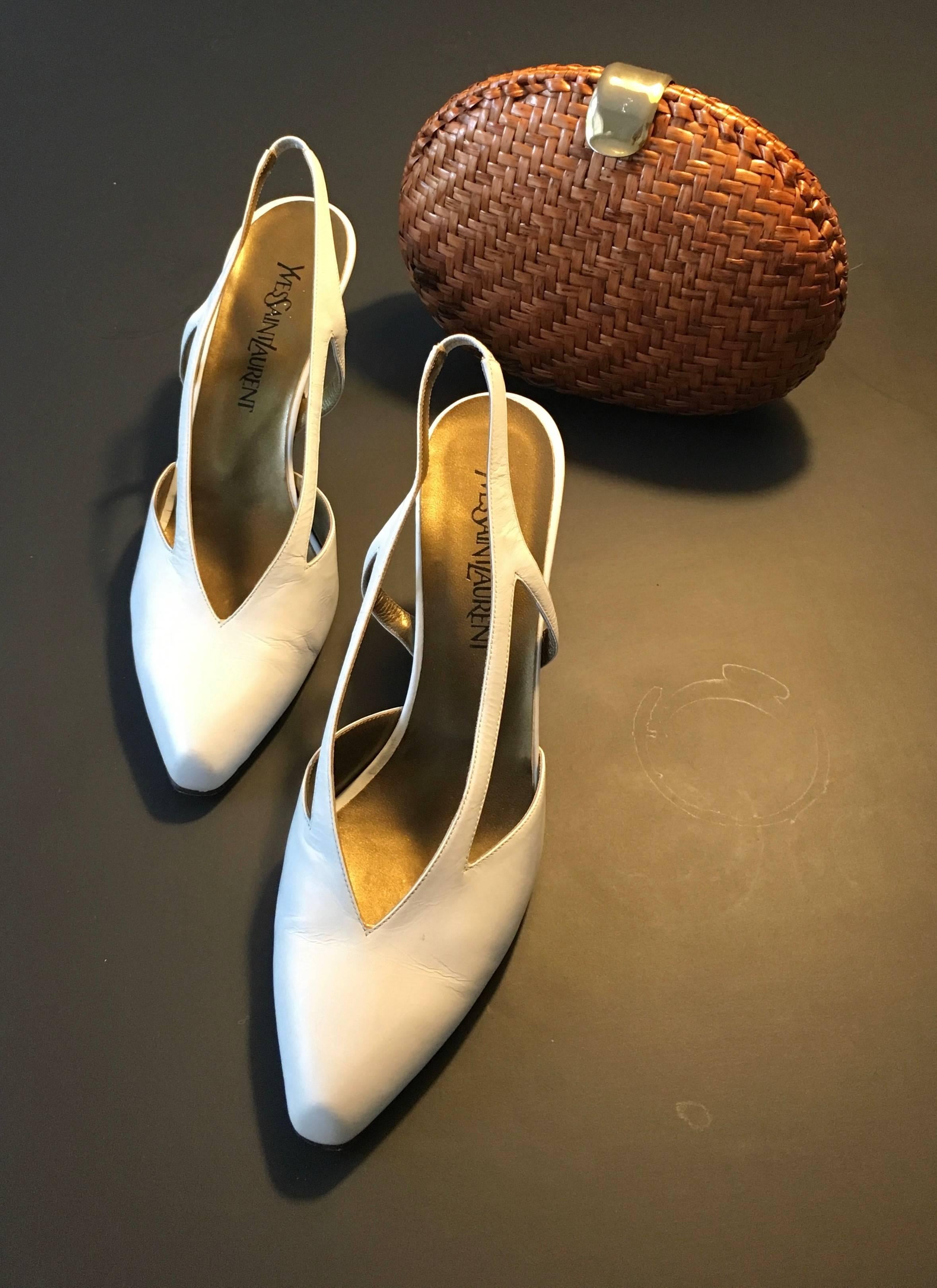 YSL 1990s White Leather Slingback Heel Size 9.5 M.  For Sale 7