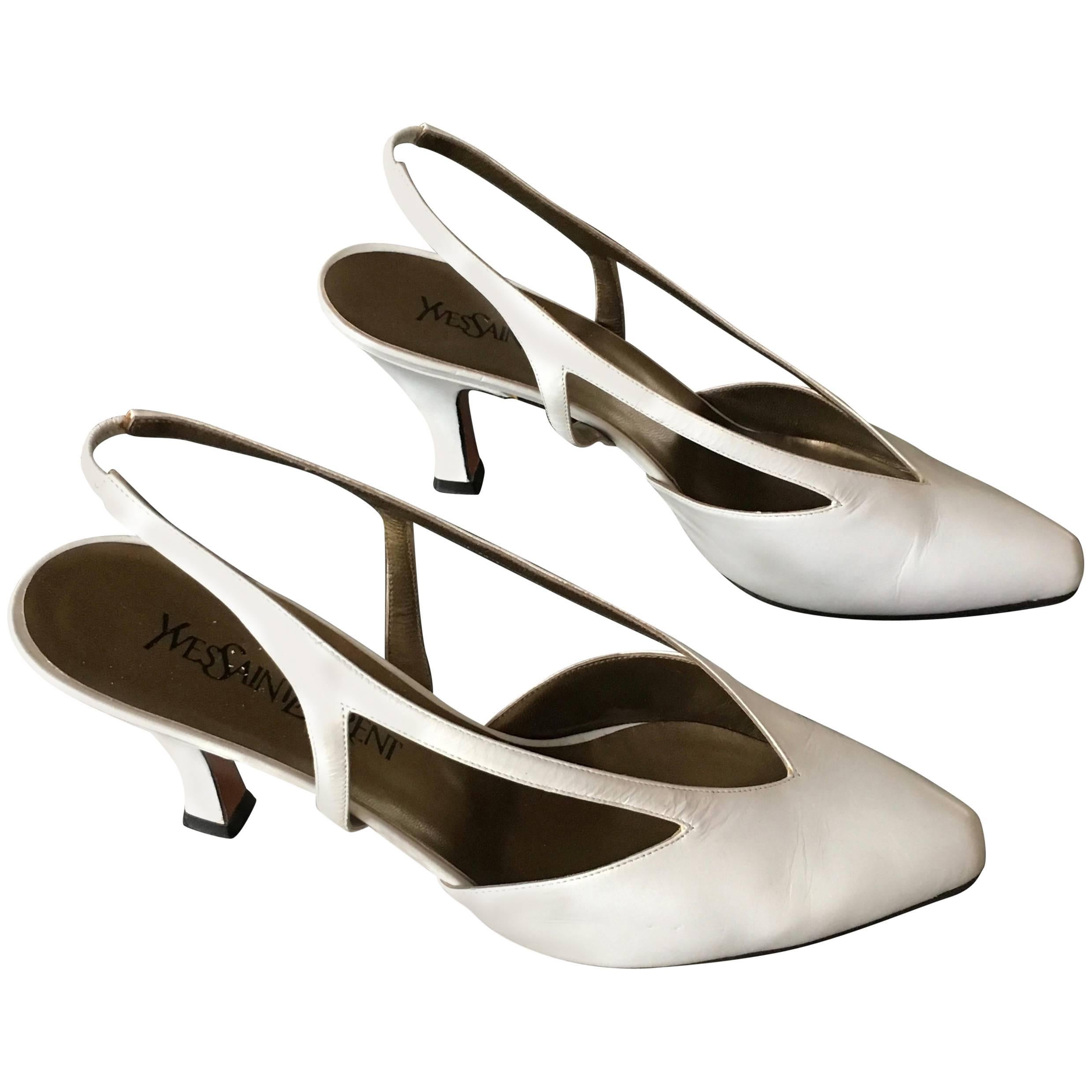 YSL 1990s White Leather Slingback Heel Size 9.5 M. For Sale