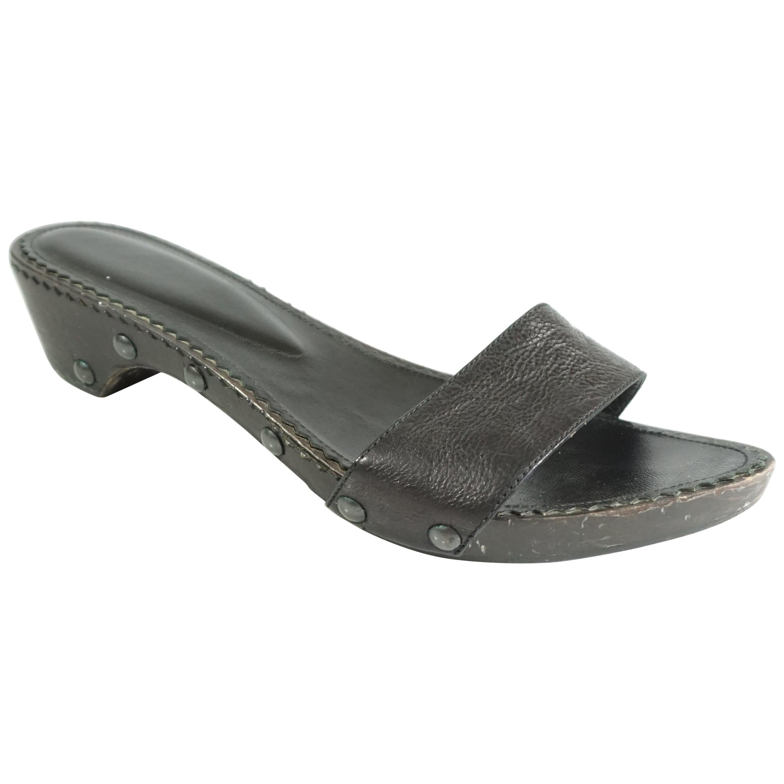 YSL Black Wooden Flat Slides - 40 For Sale