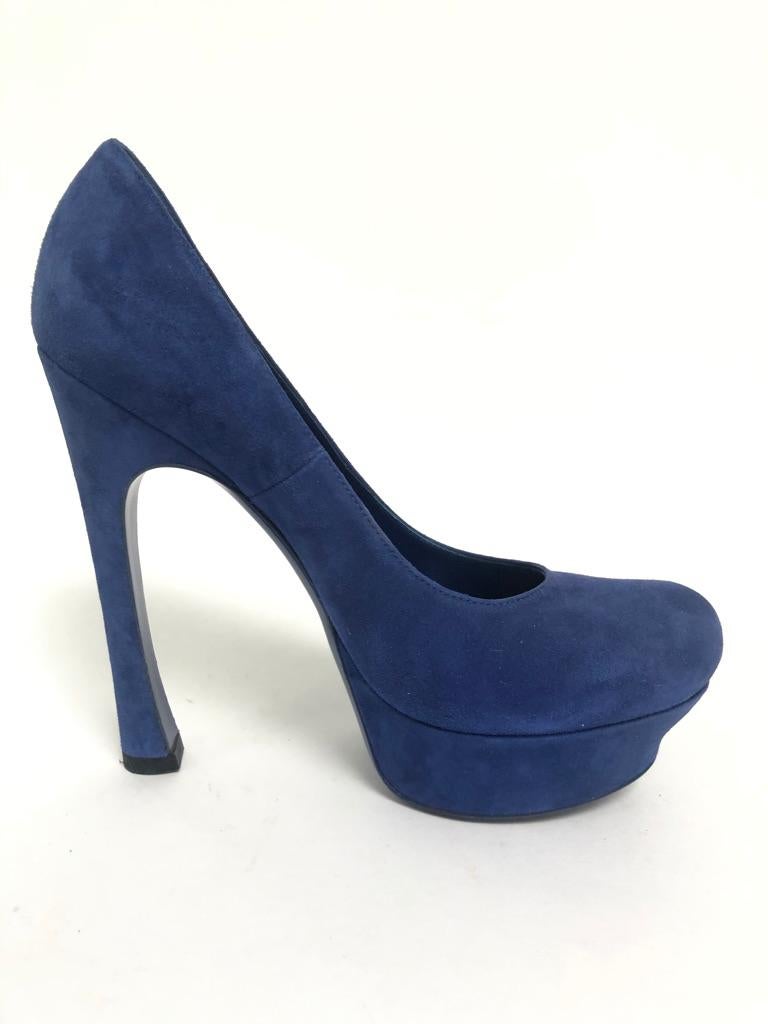 Beautiful lapis blue suede pump with concealed platform.