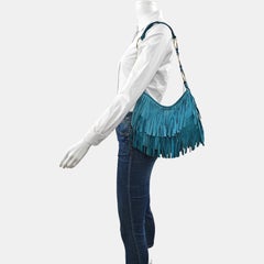 YSL Blue Suede Tassels Shoulder Bag Silver Ring Strap