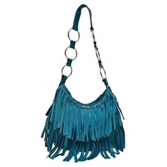 YSL Blue Suede Tassels Shoulder Bag Silver Ring Strap YSL Blue Suede Tassels Shoulder Bag Silver Ring Strap