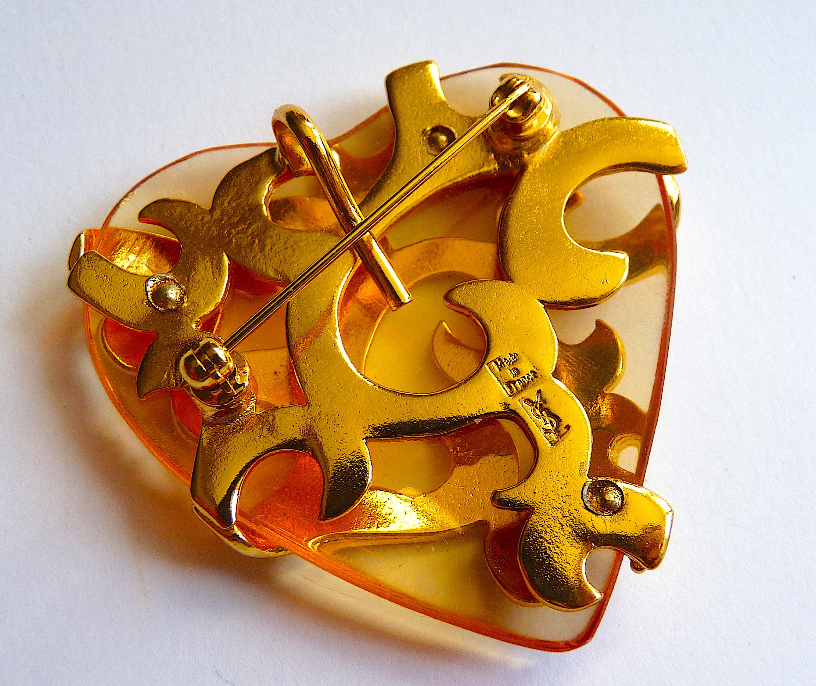 YSL by R. Goossens Gold Tone Metal and Clear Lucite Heart Brooch For Sale 1