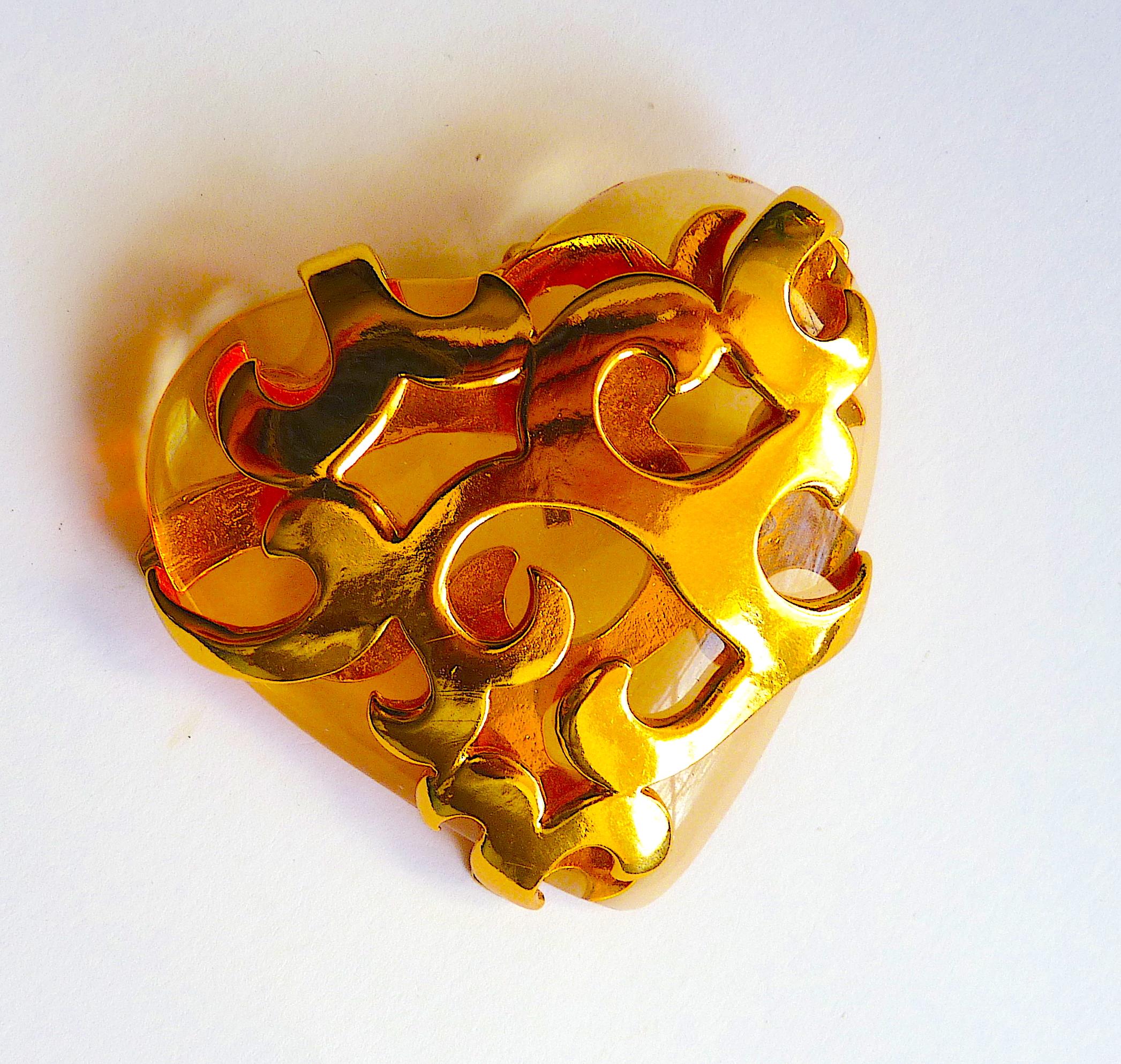 Women's YSL by R. Goossens Gold Tone Metal and Clear Lucite Heart Brooch For Sale