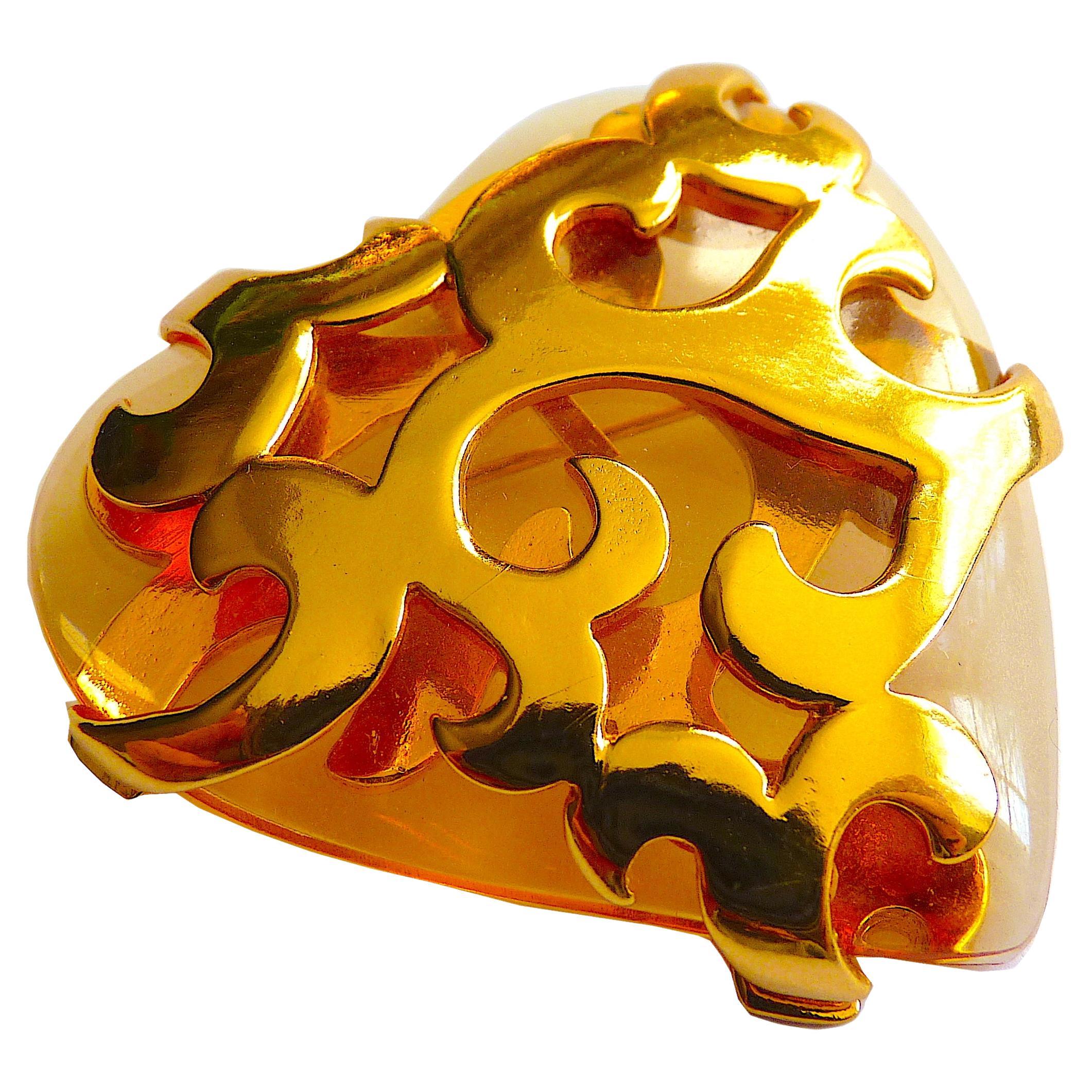 YSL by R. Goossens Gold Tone Metal and Clear Lucite Heart Brooch For Sale