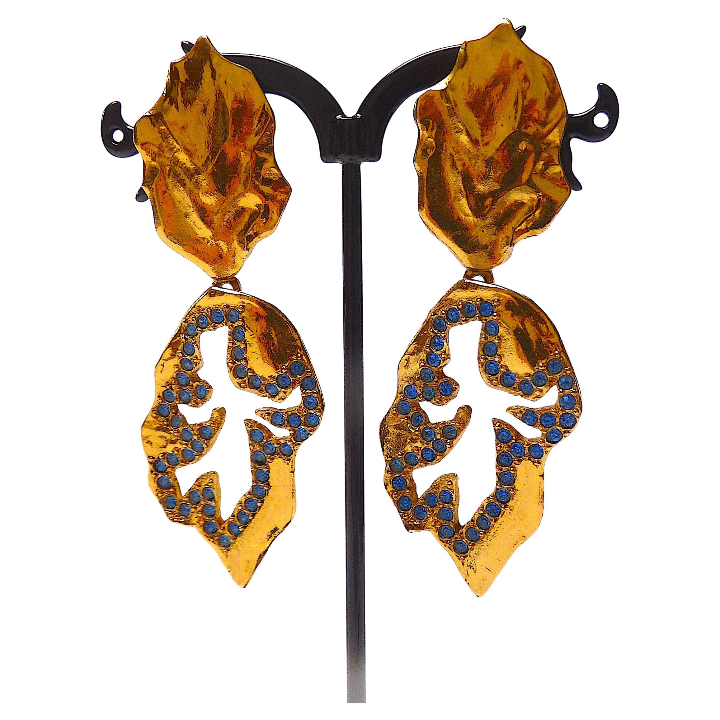 YSL Dangle Earrings in Gilt Openwork Metal and Blue Glass Crystals, Vintage 80s For Sale