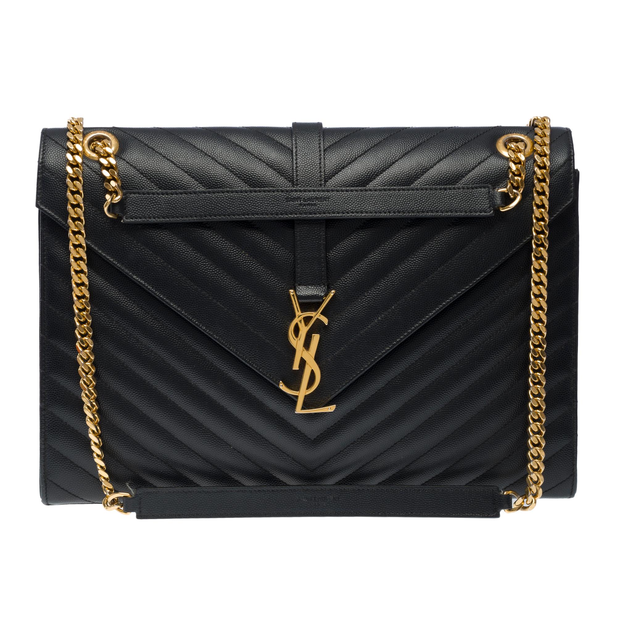 Black YSL Envelope GM shoulder bag in black chevron grained  leather , GHW