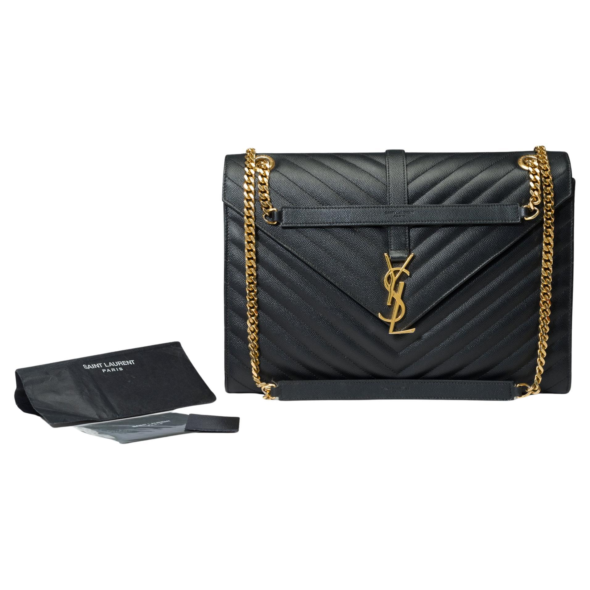 YSL Envelope GM shoulder bag in black chevron grained  leather , GHW