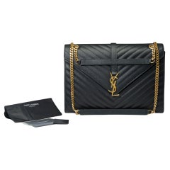 Used YSL Envelope GM shoulder bag in black chevron grained  leather , GHW