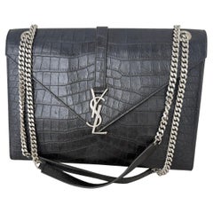 YSL Envelope Large Black Crocodile Pattern Embossed Leather Silver Hardware