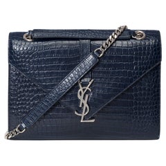 YSL Envelope Medium shoulder bag in embossed blue crocodile style leather , SHW