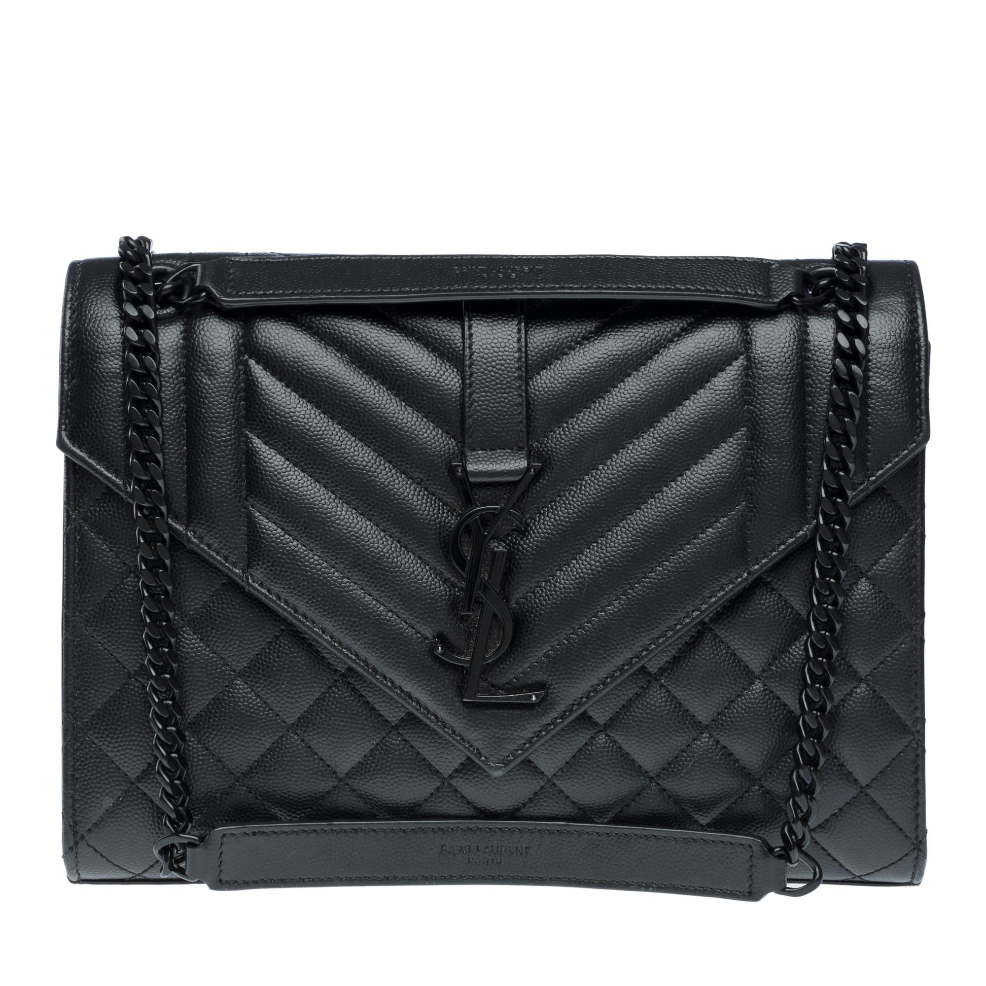 Women's or Men's YSL Envelope MM shoulder bag in black quilted grained  leather , BHW