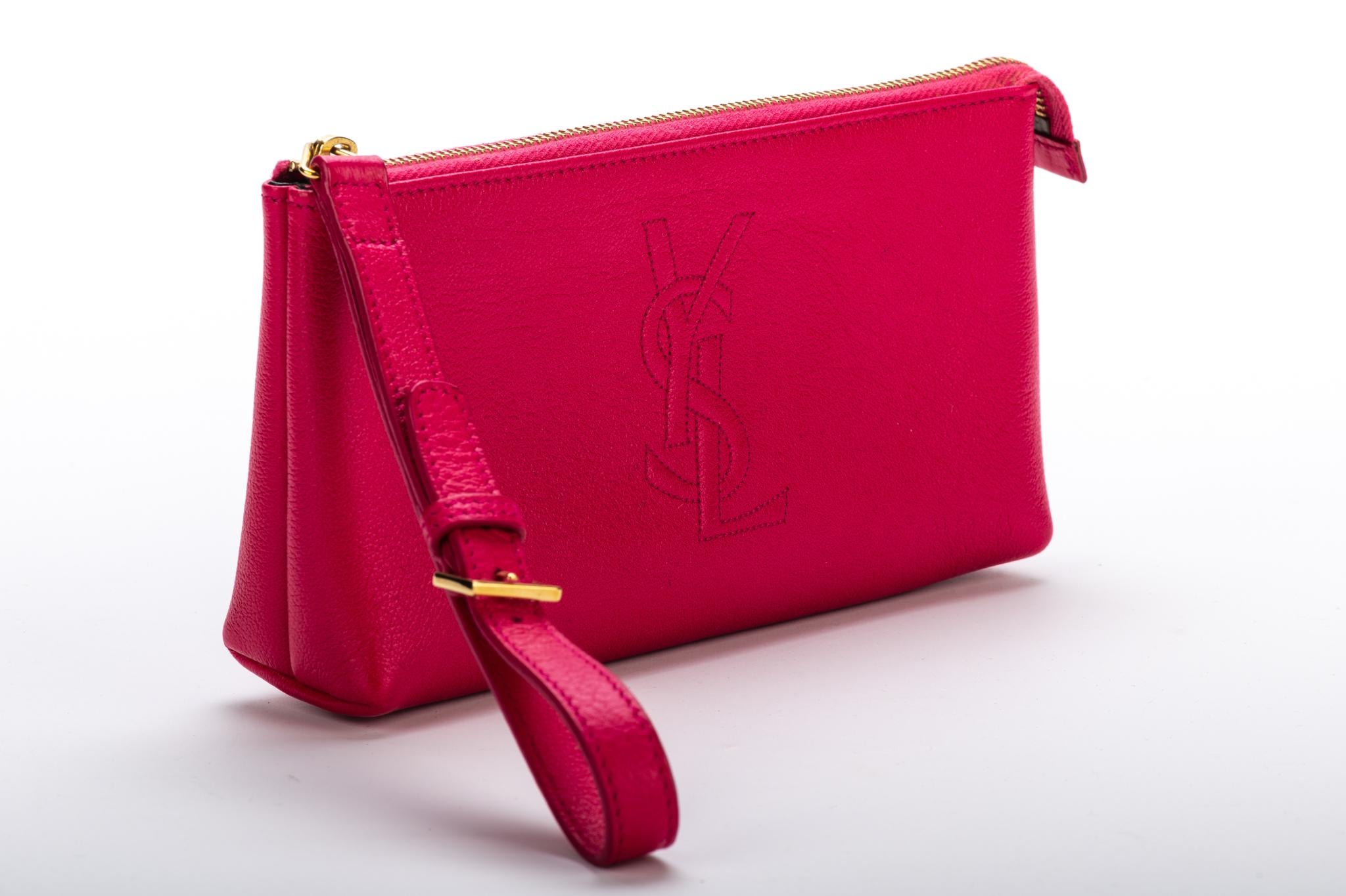Red YSL Fuchsia Leather Wristlet Small Bag For Sale