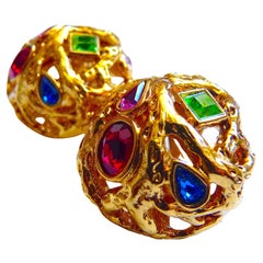 YSL Glass Crystal Stones and Openwork Gilt Metal Clip On Earrings, 1980s