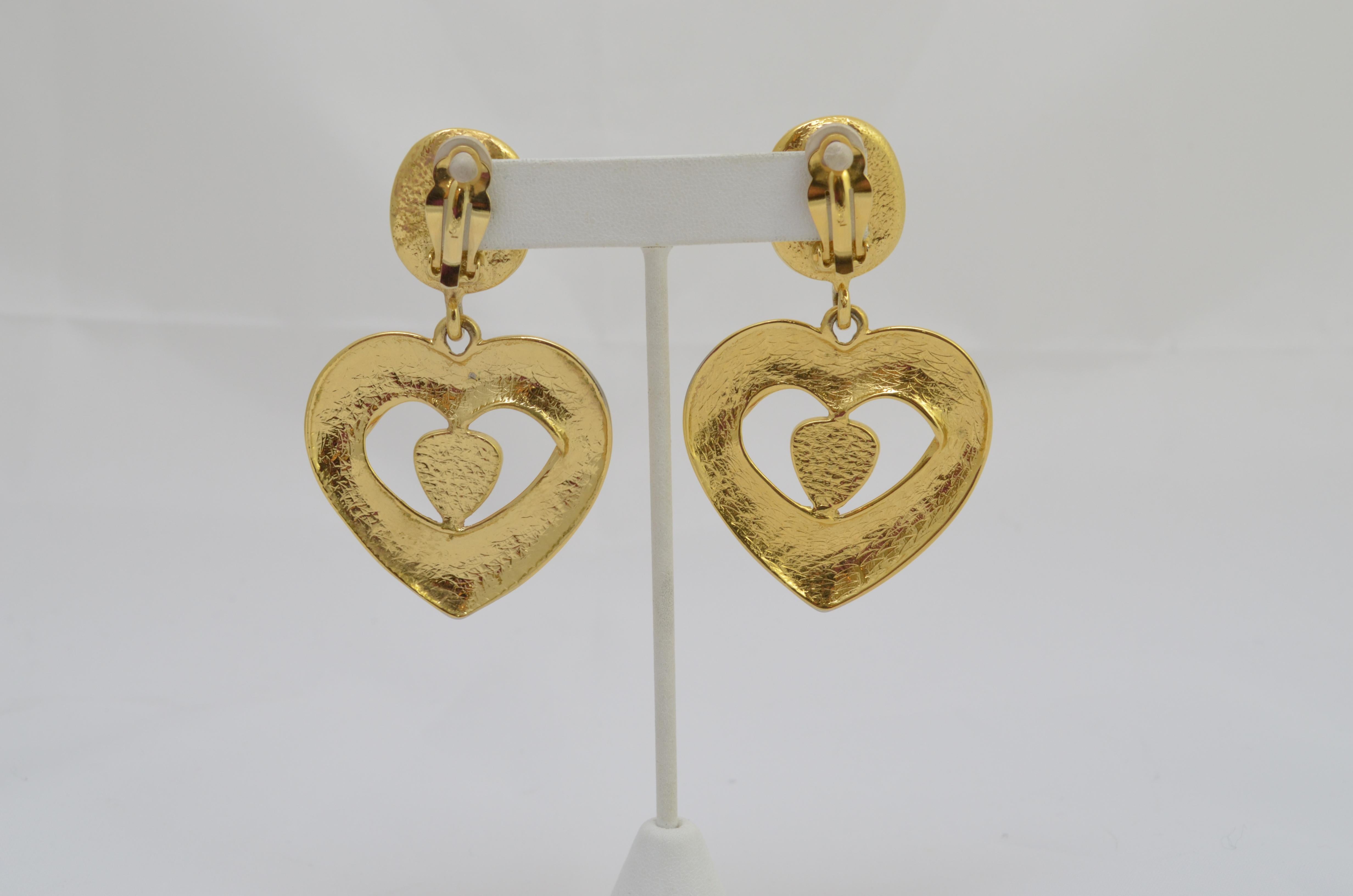 YSL Gold Clip-On Earrings with Heart Motif In Good Condition In Carmel, CA