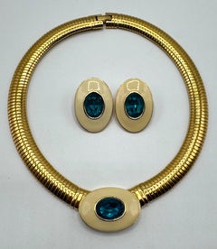 YSL Gold, Ivory Enamel & Teal Rhinestone Omega Necklace & Earrings